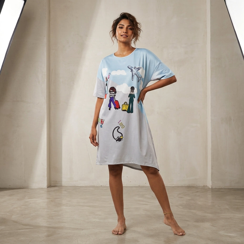 Sky Blue Relaxed Fit Long Nightshirt
