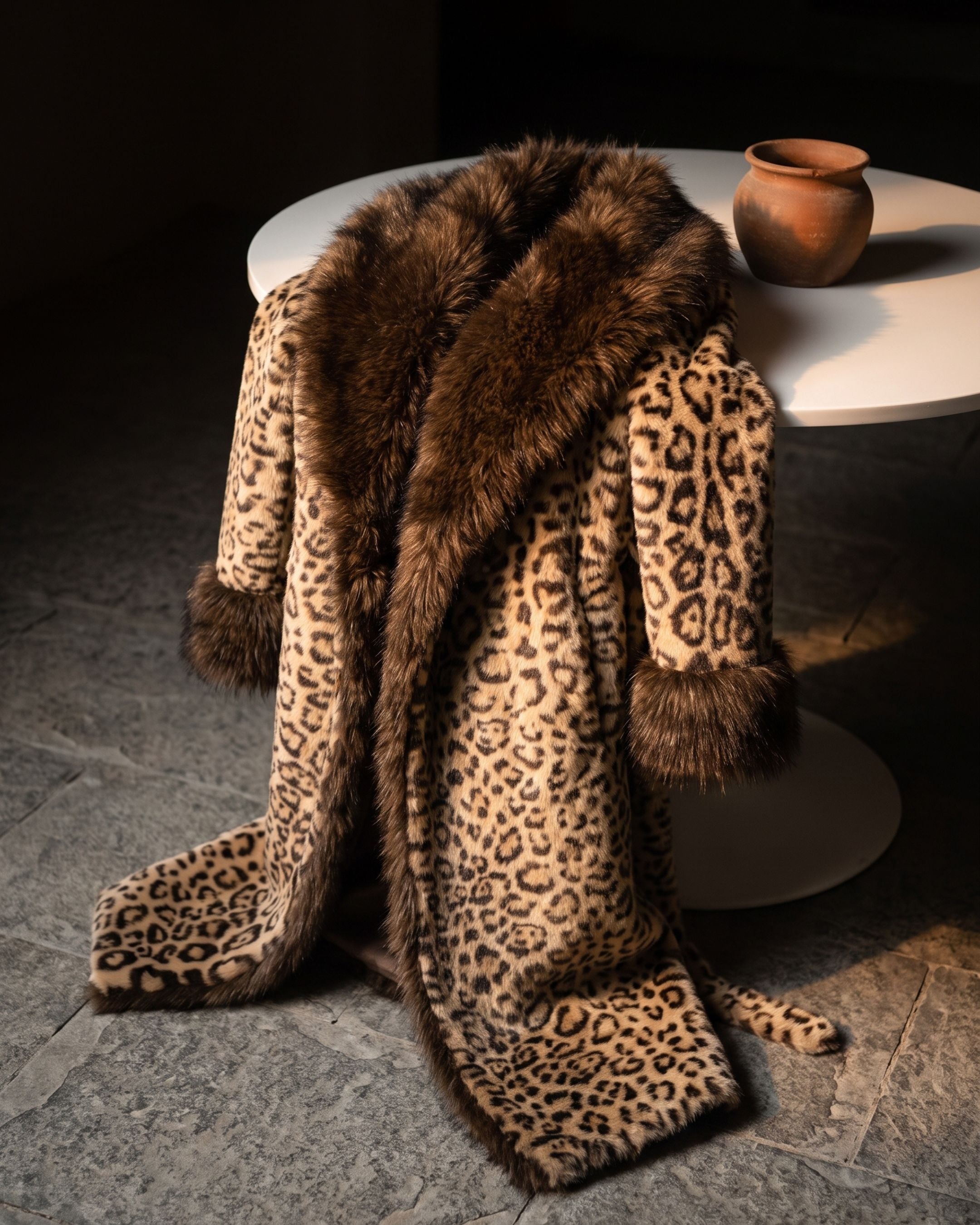 Women’s Leopard Print Faux Fur Long Coat with Plush Collar & Cuffs (Animal) CC0125
