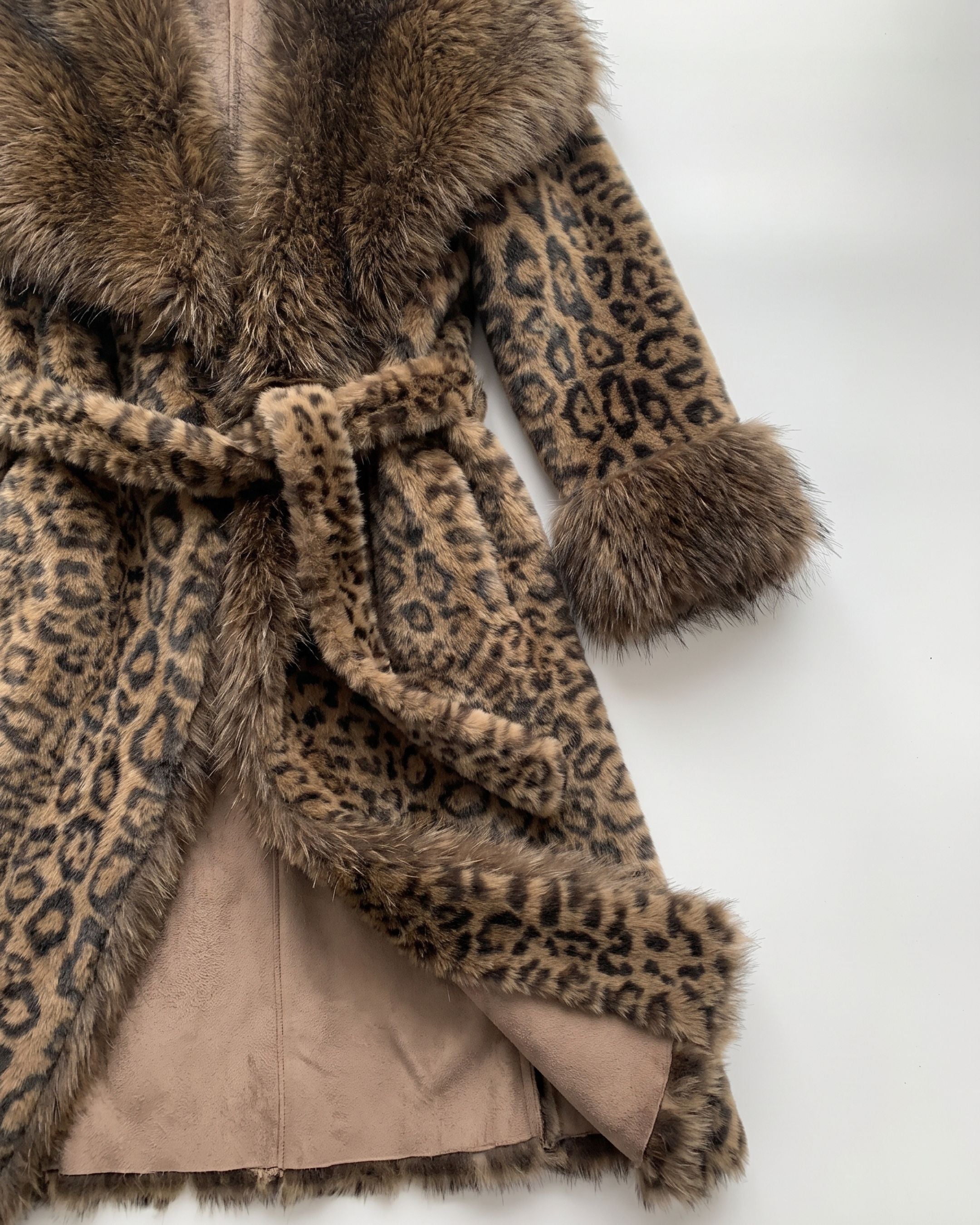 Women’s Leopard Print Faux Fur Long Coat with Plush Collar & Cuffs (Animal) CC0125