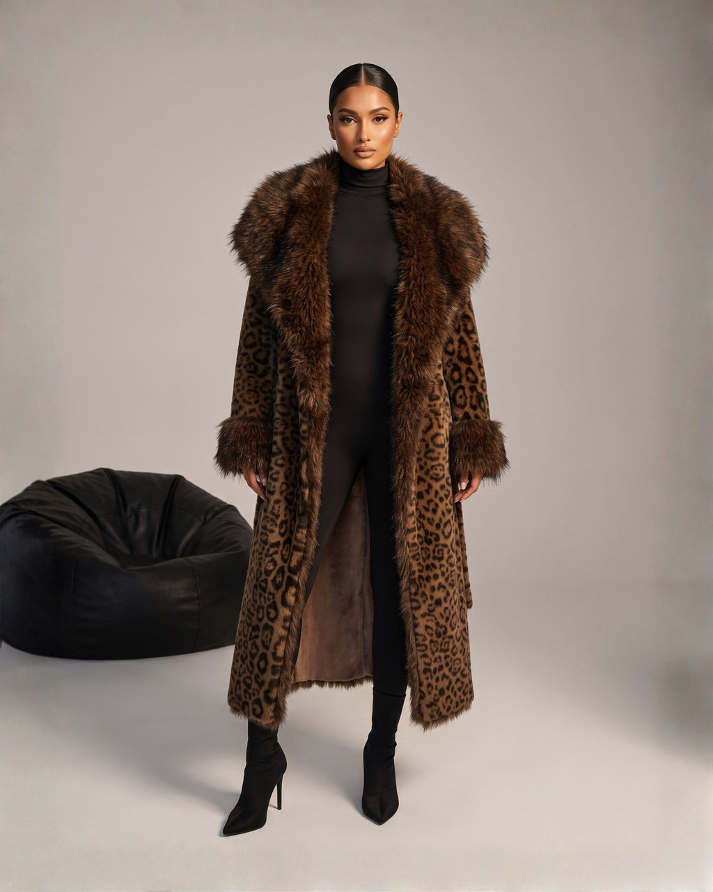 Women’s Leopard Print Faux Fur Long Coat with Plush Collar & Cuffs (Animal) CC0125