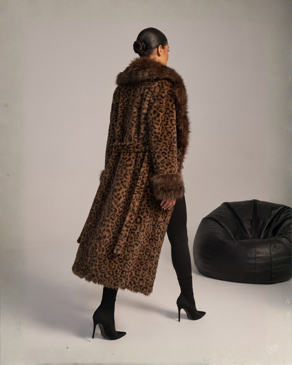 Women’s Leopard Print Faux Fur Long Coat with Plush Collar & Cuffs (Animal) CC0125