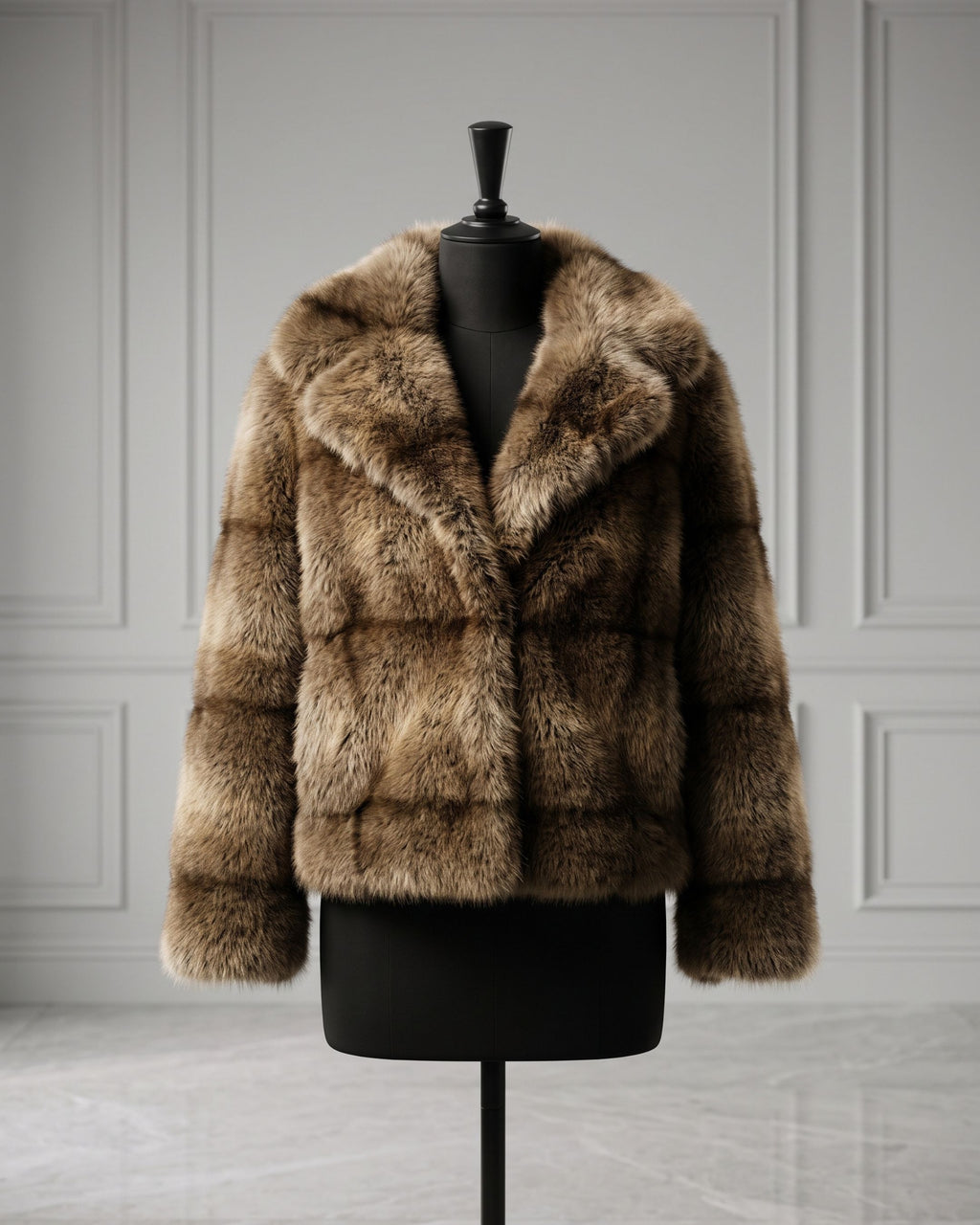 Women's Plush Paneled Faux Fur Cropped Jacket (Khaki/Cafe) LH1093