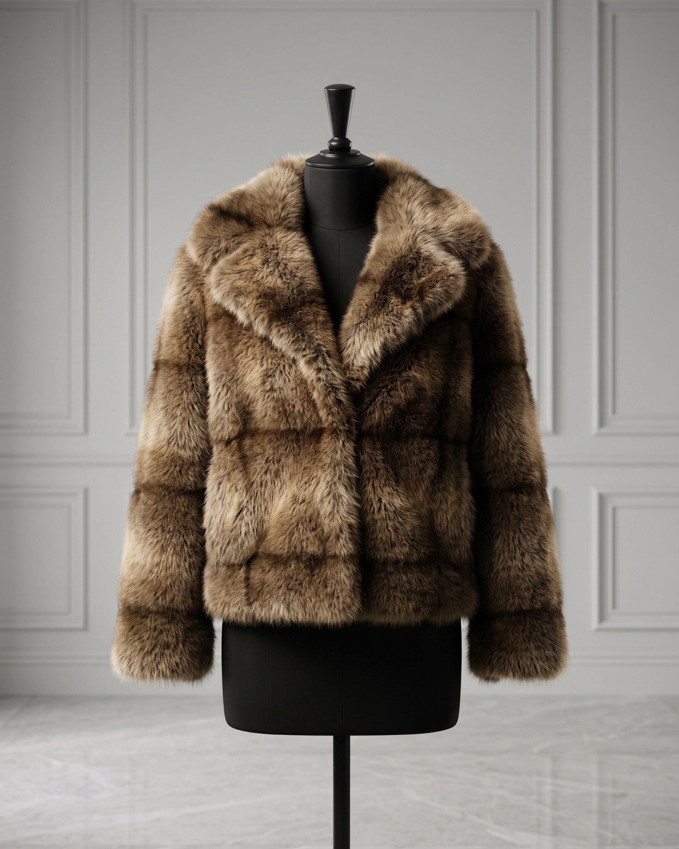 Women's Plush Paneled Faux Fur Cropped Jacket (Khaki/Cafe) LH1093