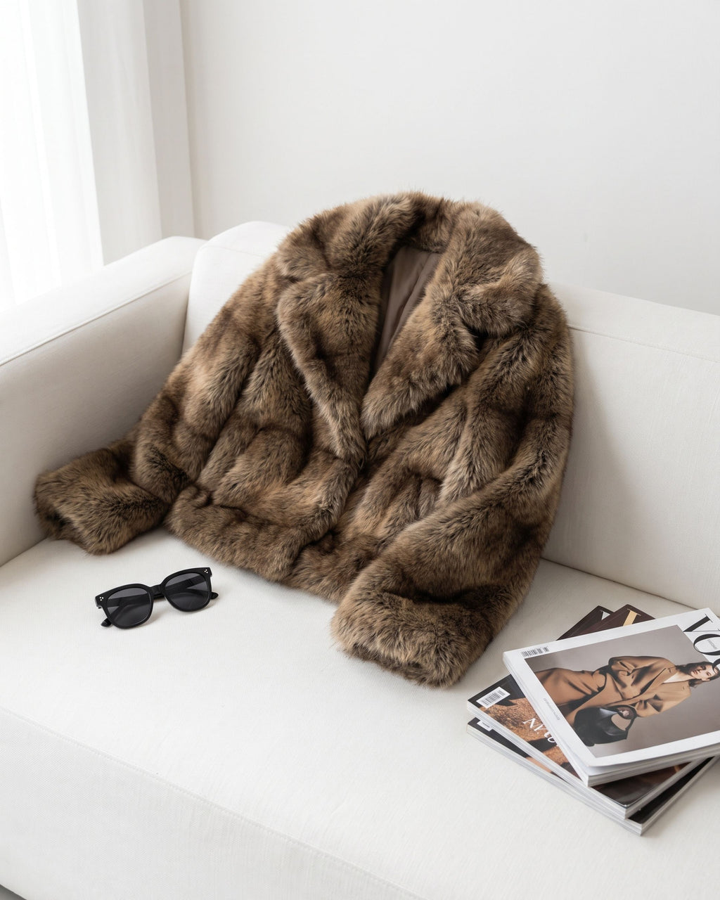Women's Plush Paneled Faux Fur Cropped Jacket (Khaki/Cafe) LH1093