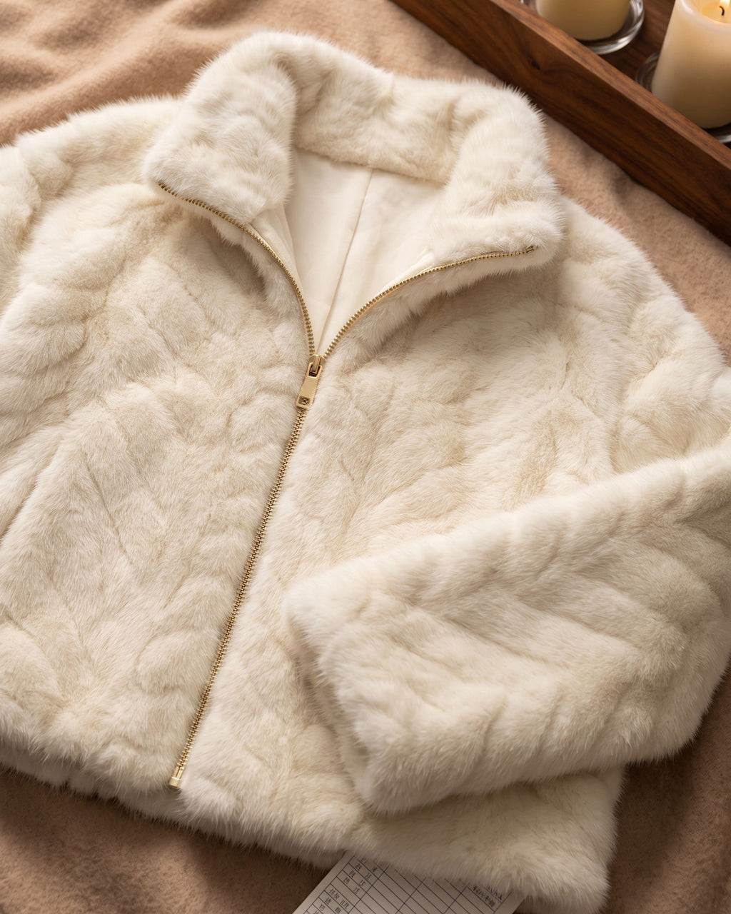 Women's Plush Chevron Textured Zip Jacket (White) HHX895