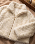 Women's Plush Chevron Textured Zip Jacket (White) HHX895