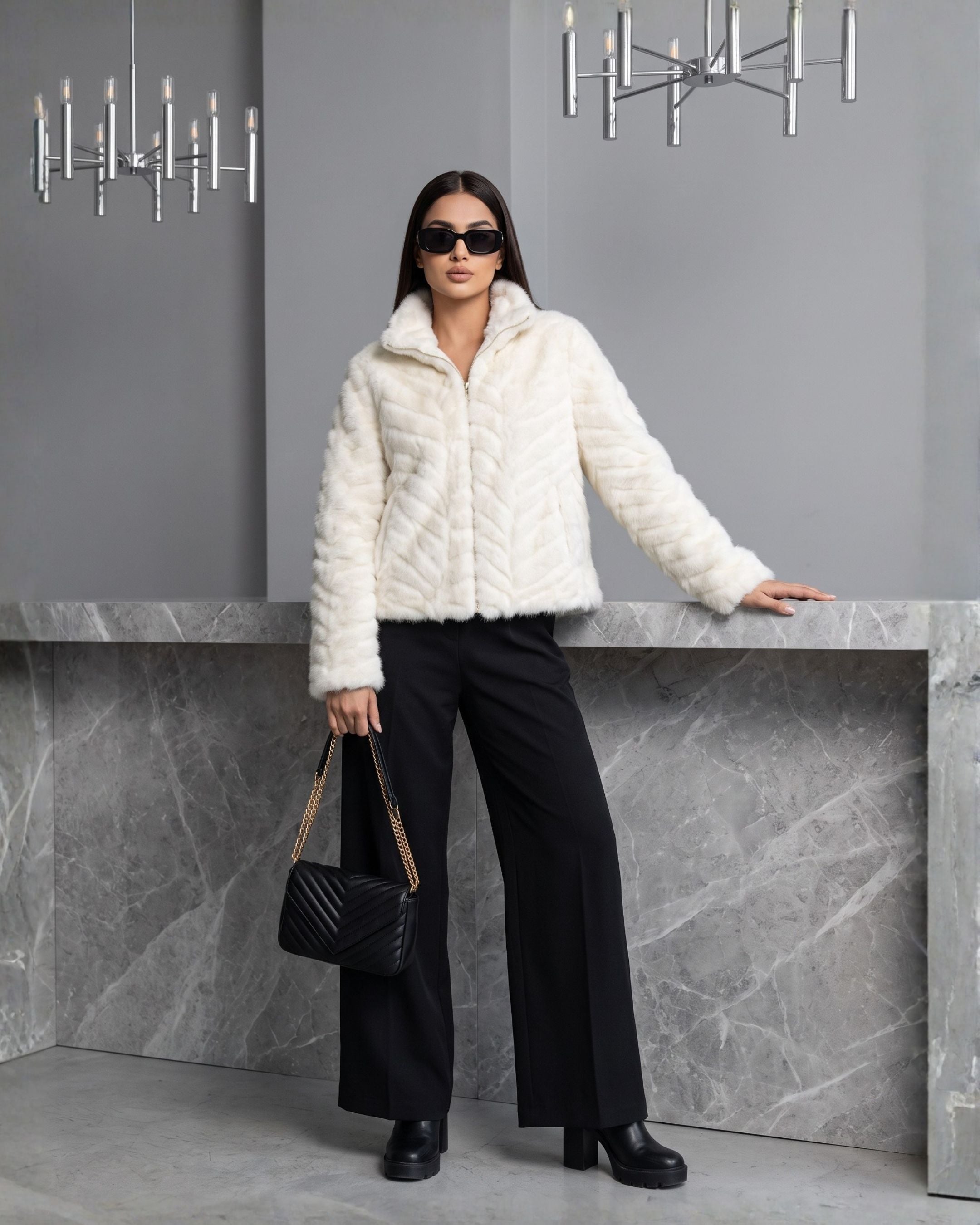 Women's Plush Chevron Textured Zip Jacket (White) HHX895