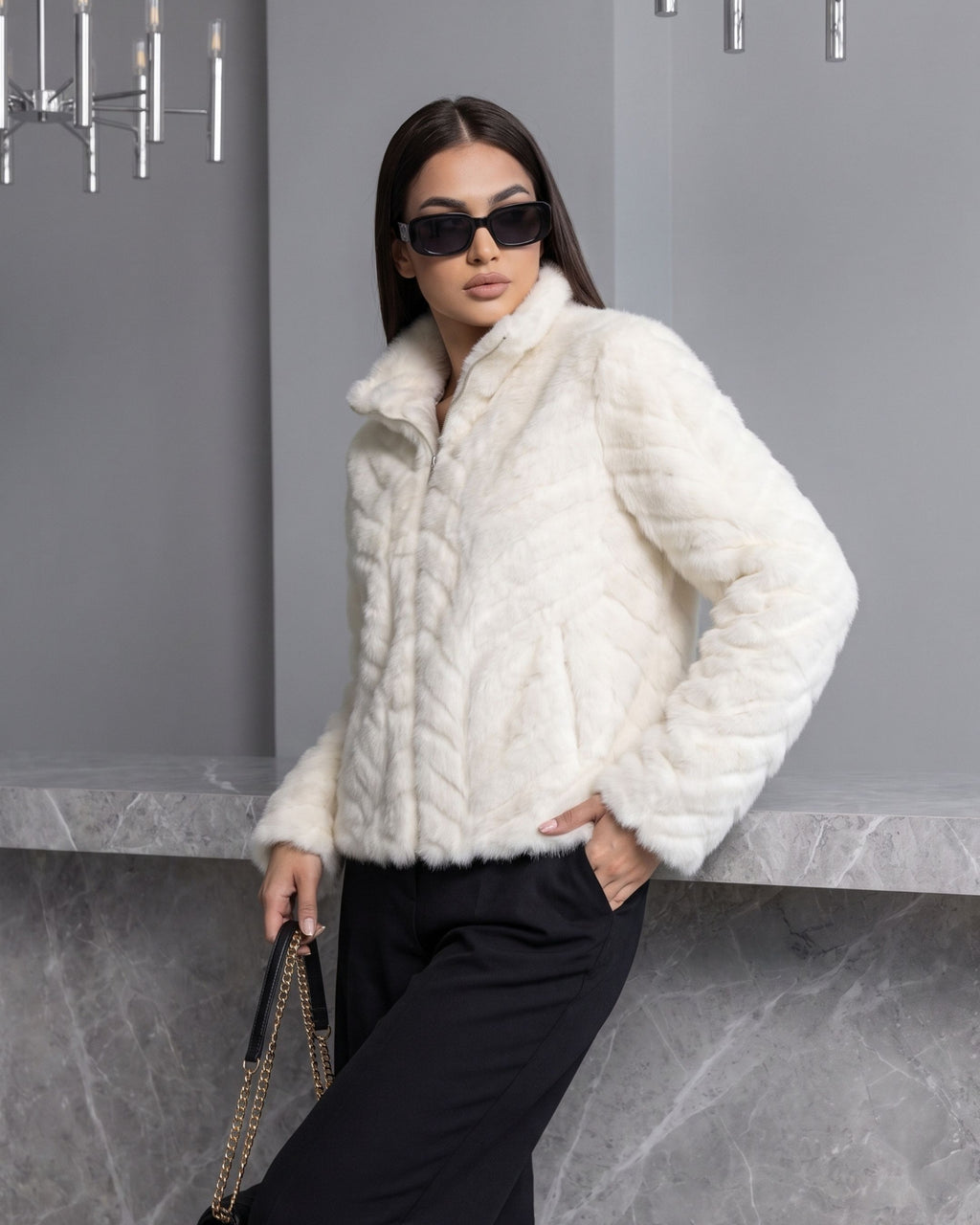 Women's Plush Chevron Textured Zip Jacket (White) HHX895