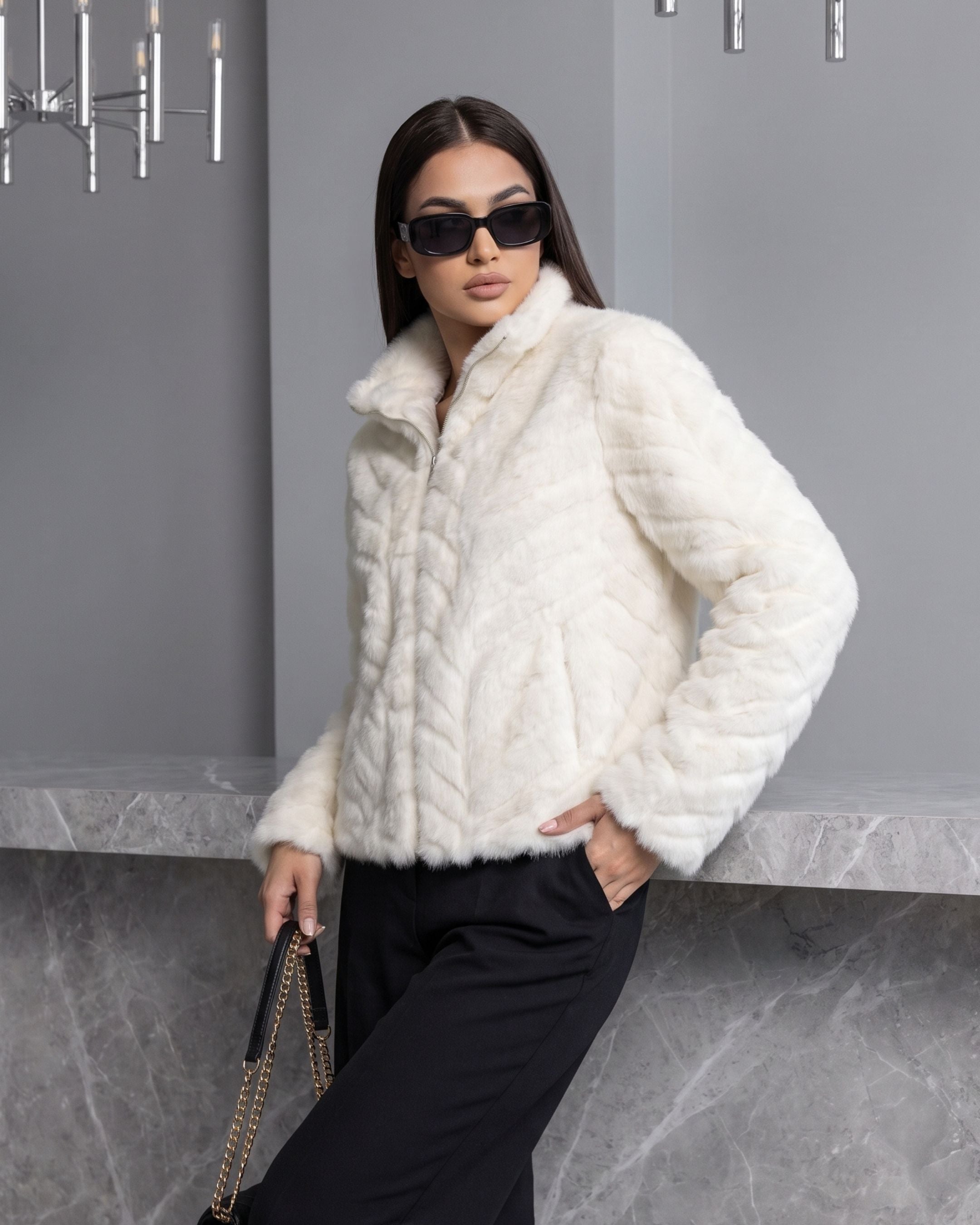 Women's Plush Chevron Textured Zip Jacket (White) HHX895