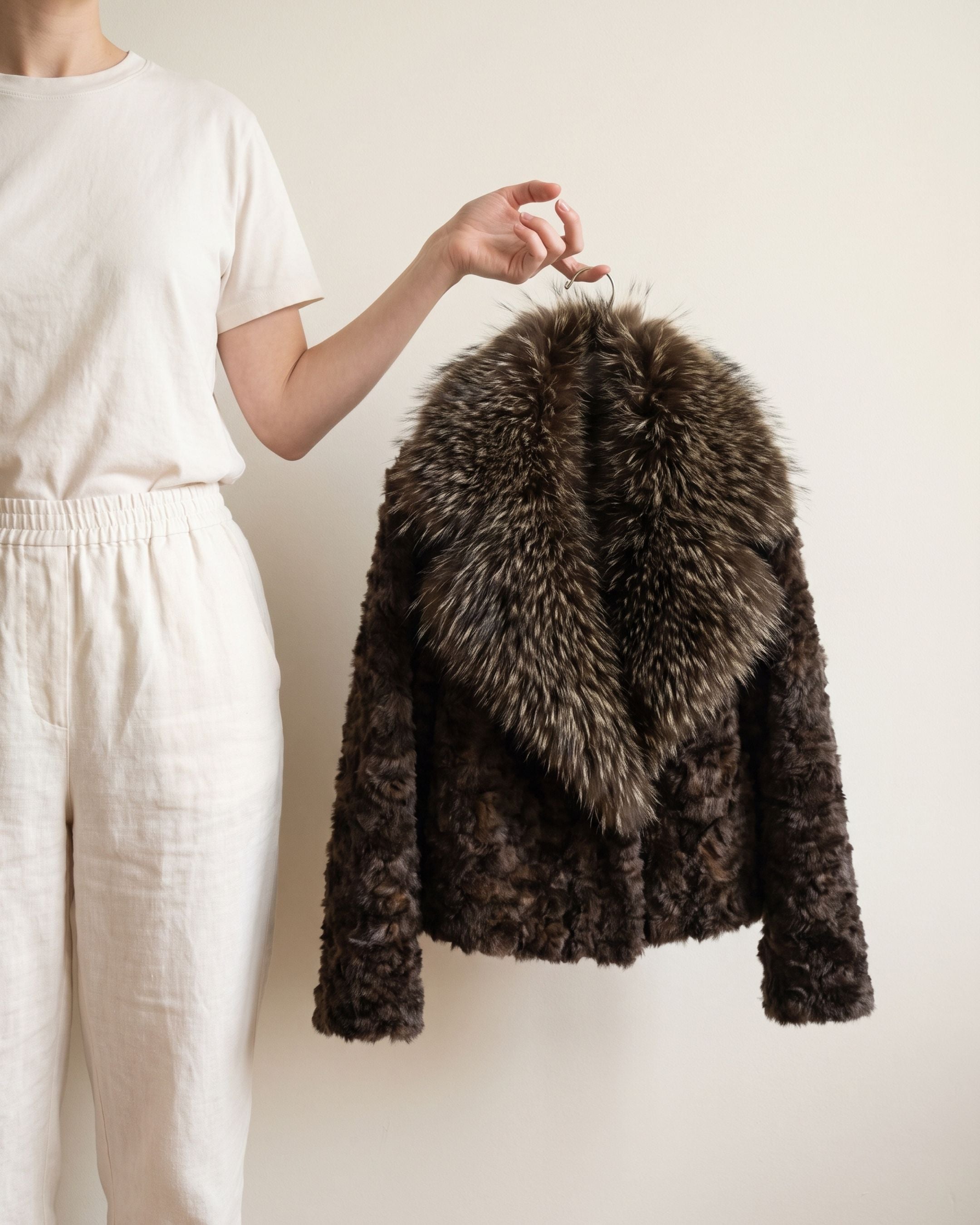 Women's Statement Plush Collar Cropped Fur Jacket (Cafe) AP90