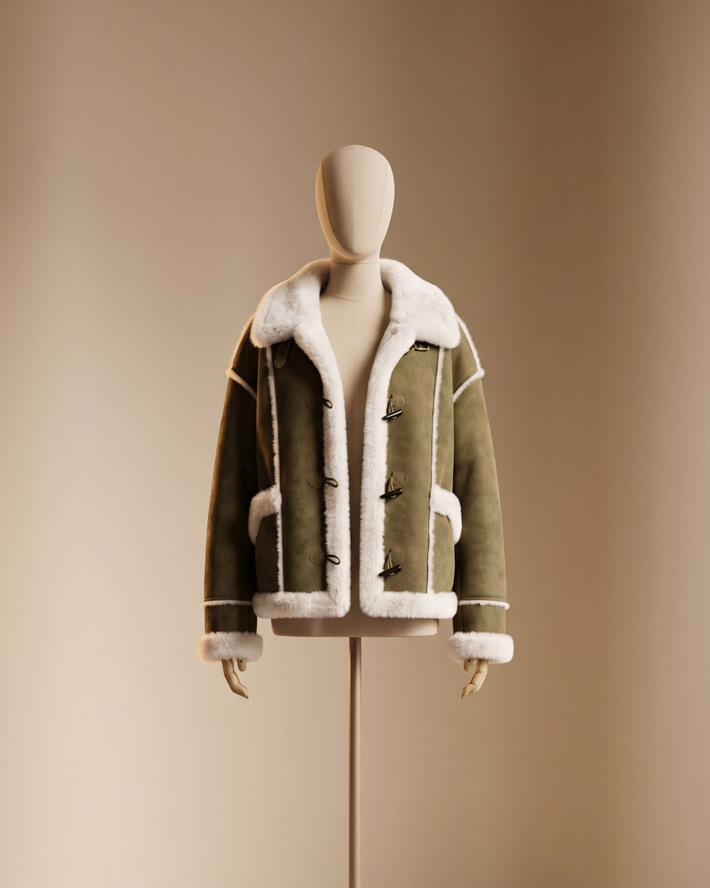 Women's Oversized Shearling Aviator Duffle Jacket (Khaki) JJ02