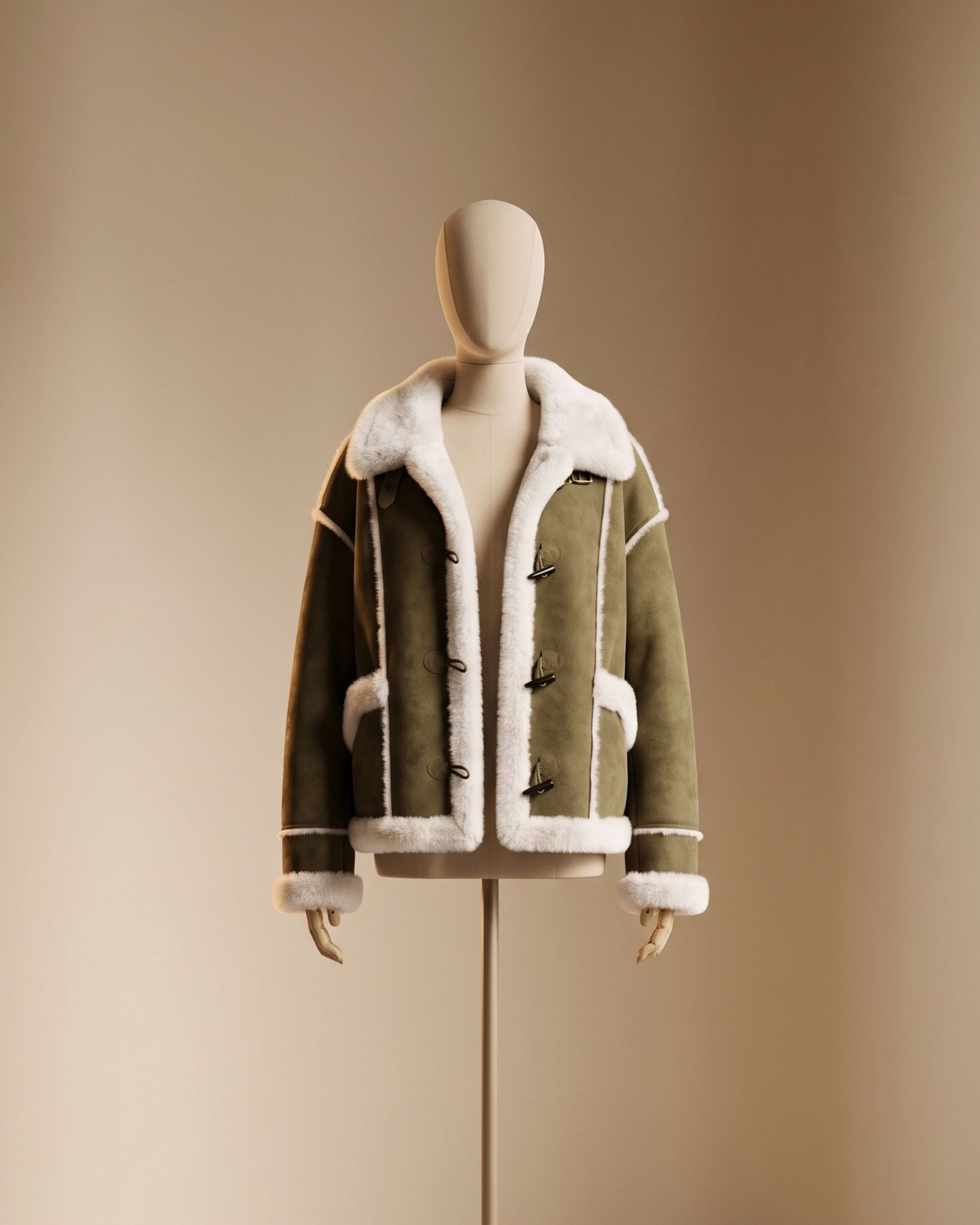 Women's Oversized Shearling Aviator Duffle Jacket (Khaki) JJ02