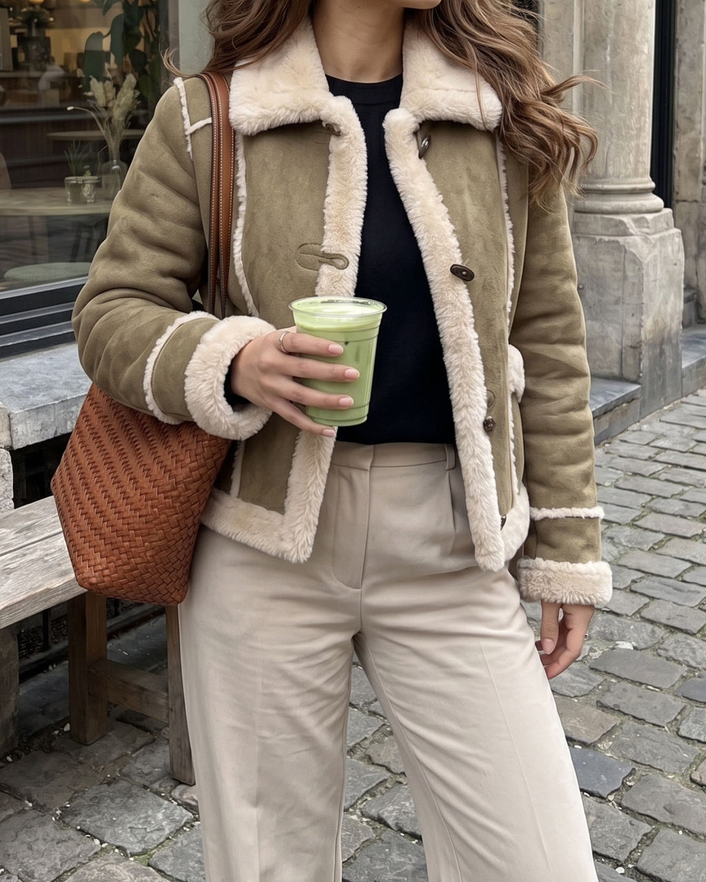 Women's Oversized Shearling Aviator Duffle Jacket (Khaki) JJ02