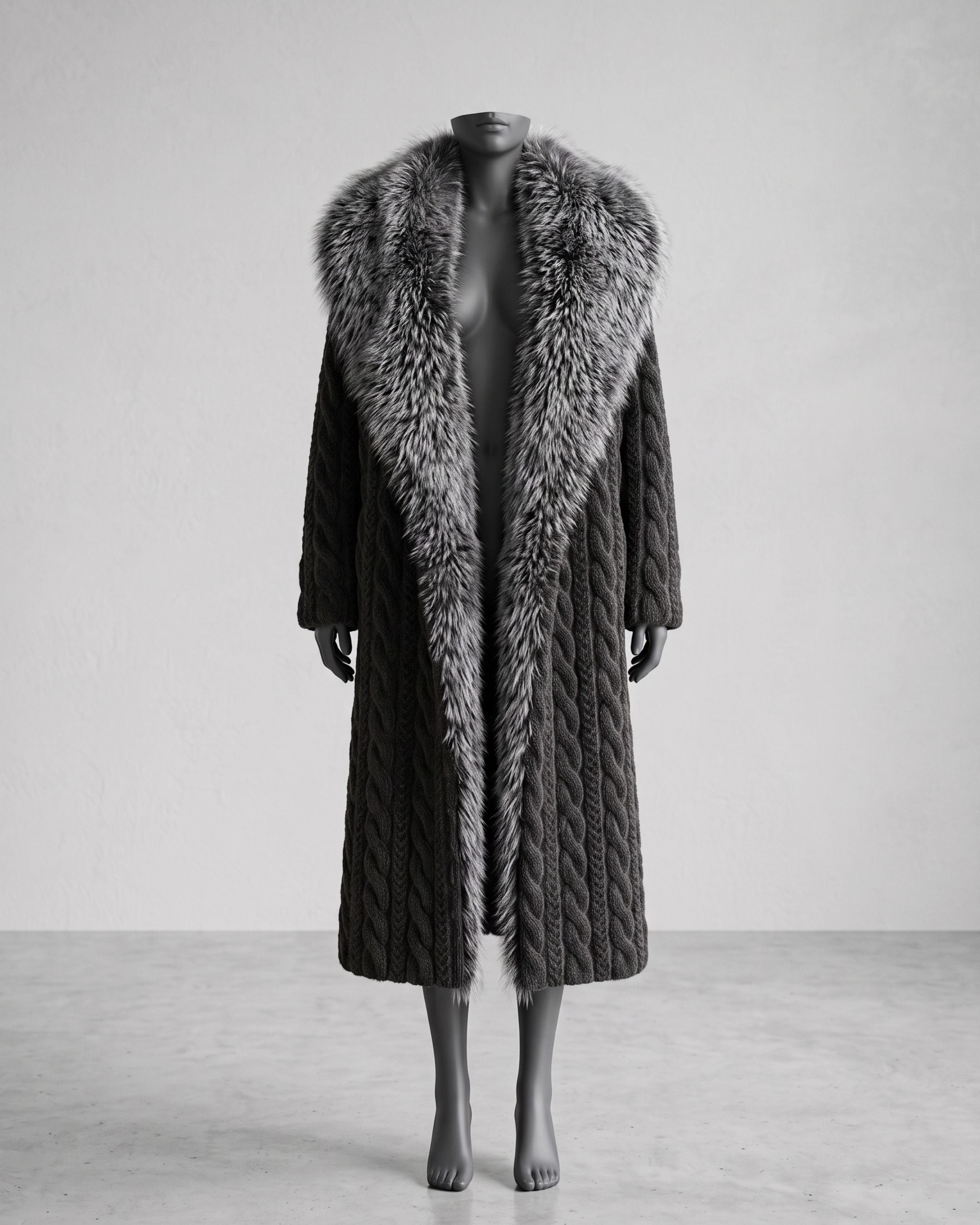 Women's Cable Knit Fur-Trimmed Long Coat (Black) LH7119