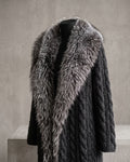 Women's Cable Knit Fur-Trimmed Long Coat (Black/Cafe) LH7119