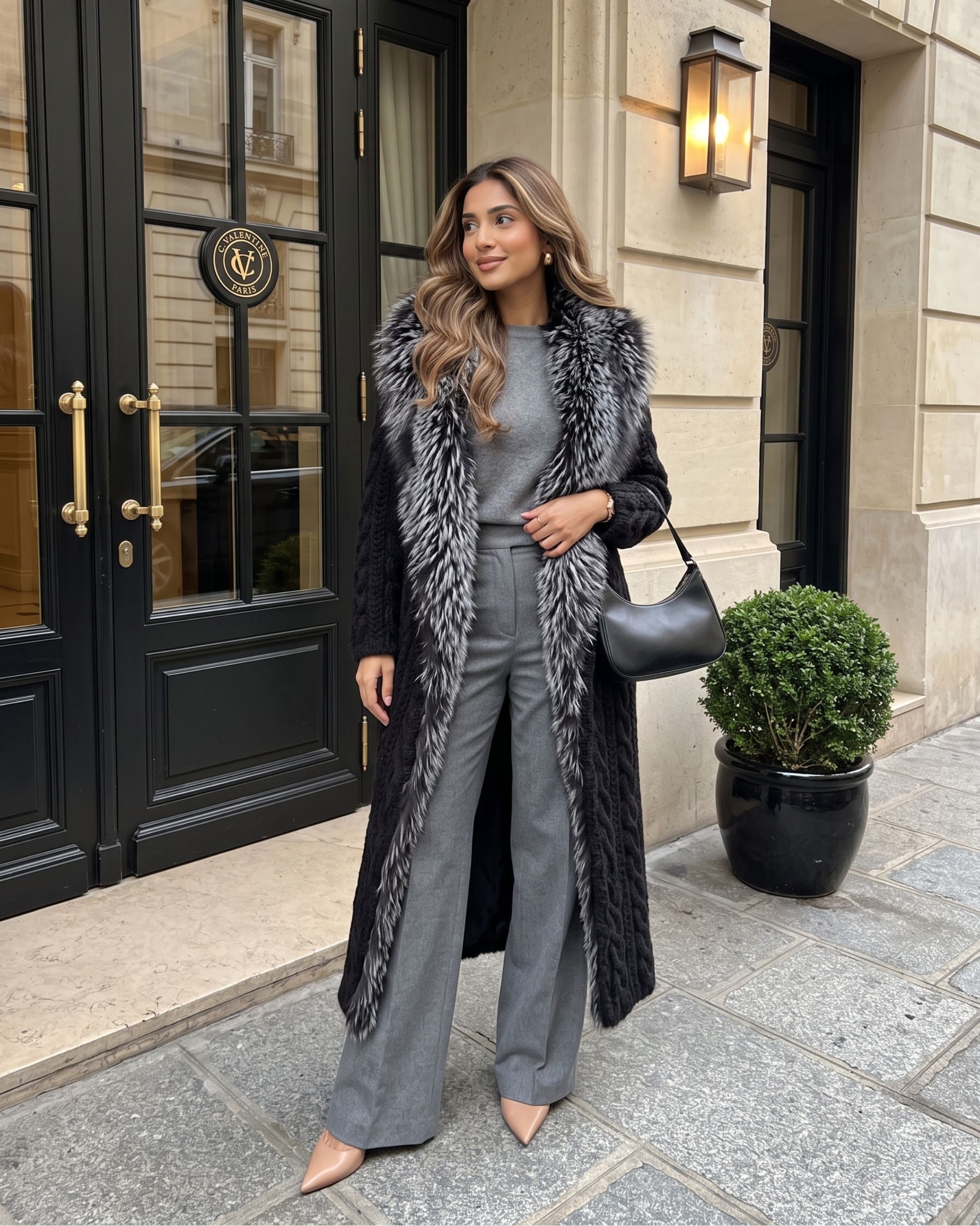 Women's Cable Knit Fur-Trimmed Long Coat (Black) LH7119