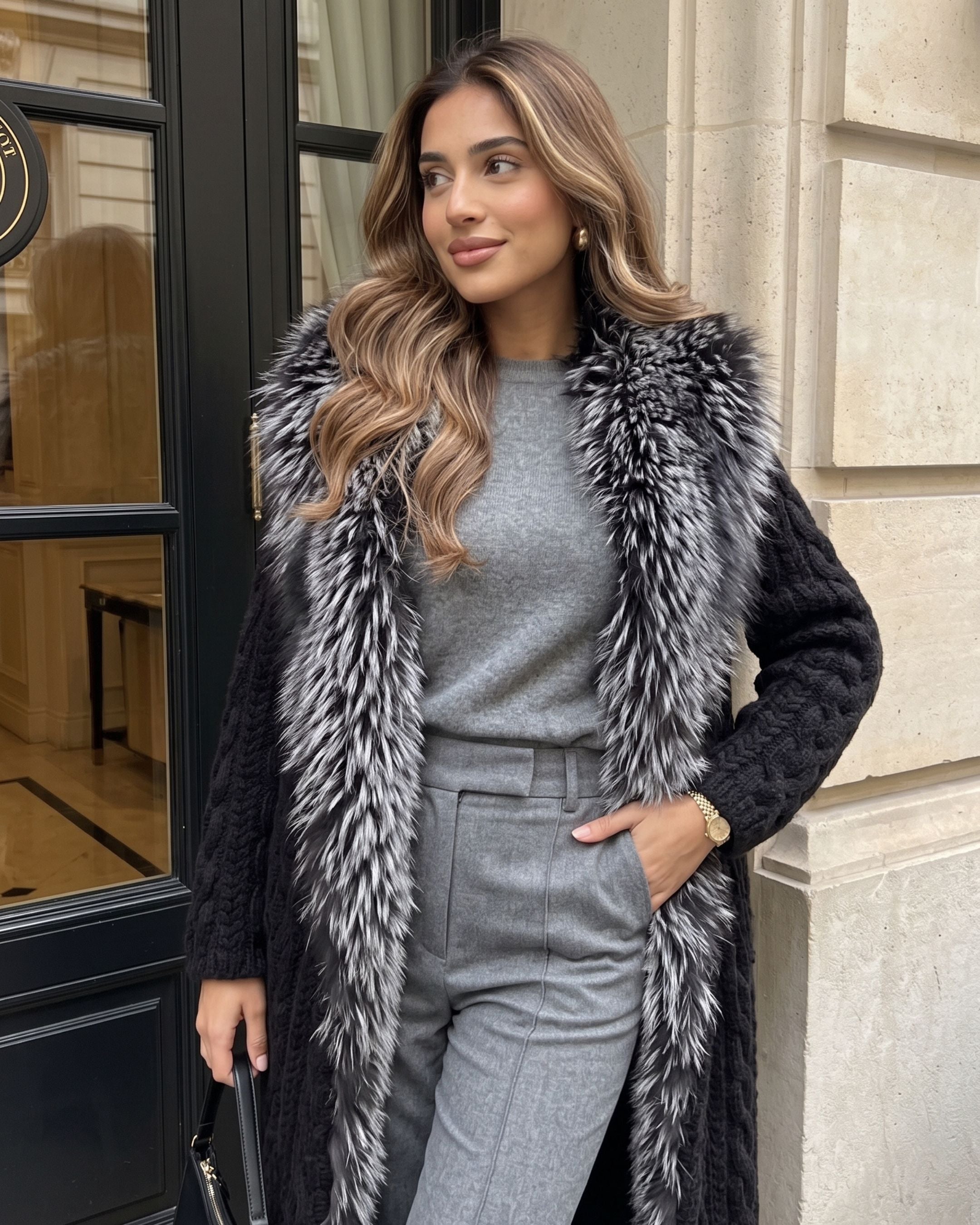 Women's Cable Knit Fur-Trimmed Long Coat (Black) LH7119