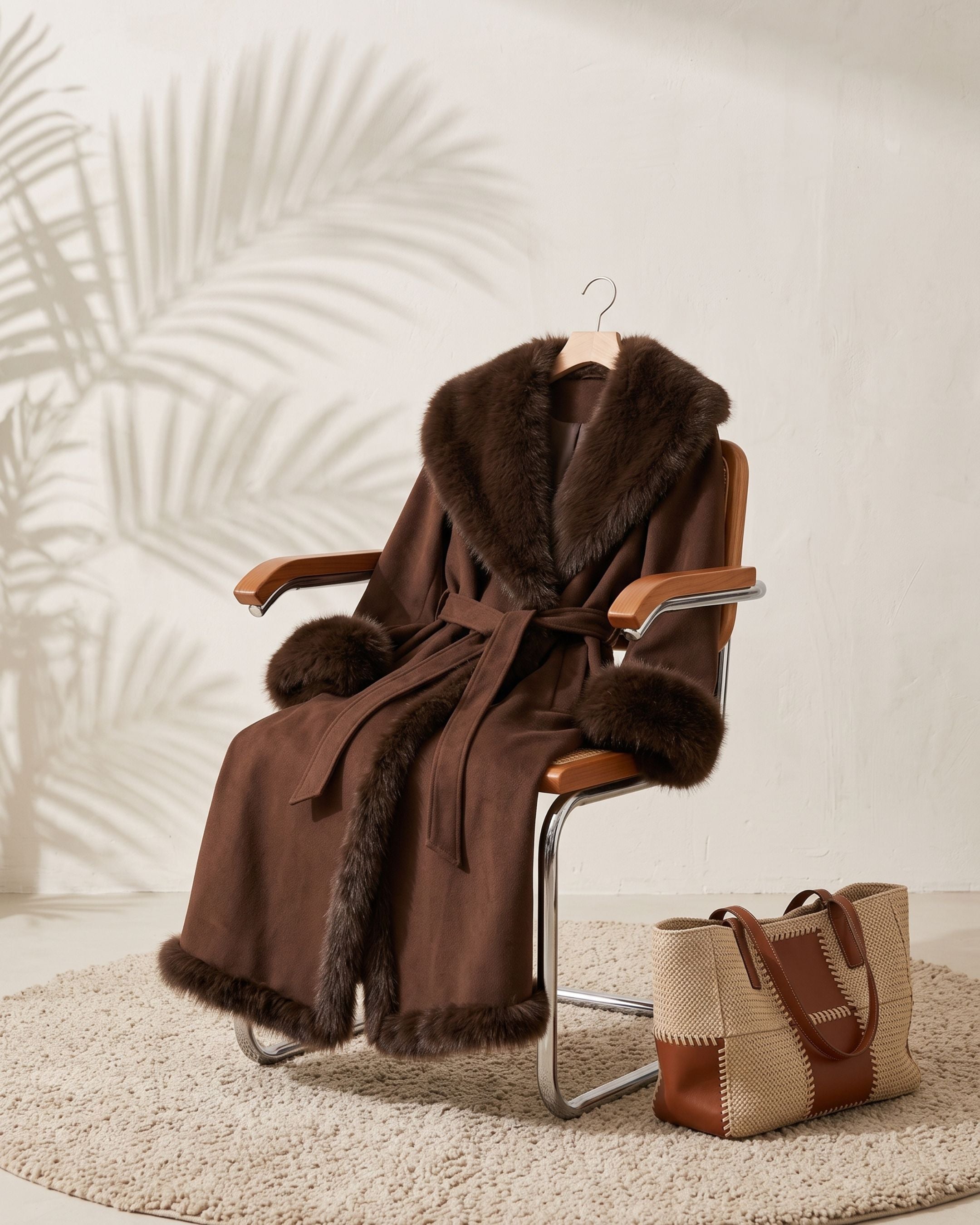 Women's Plush Fur Lapel Suede Wrap Coat (Khaki) MH1125