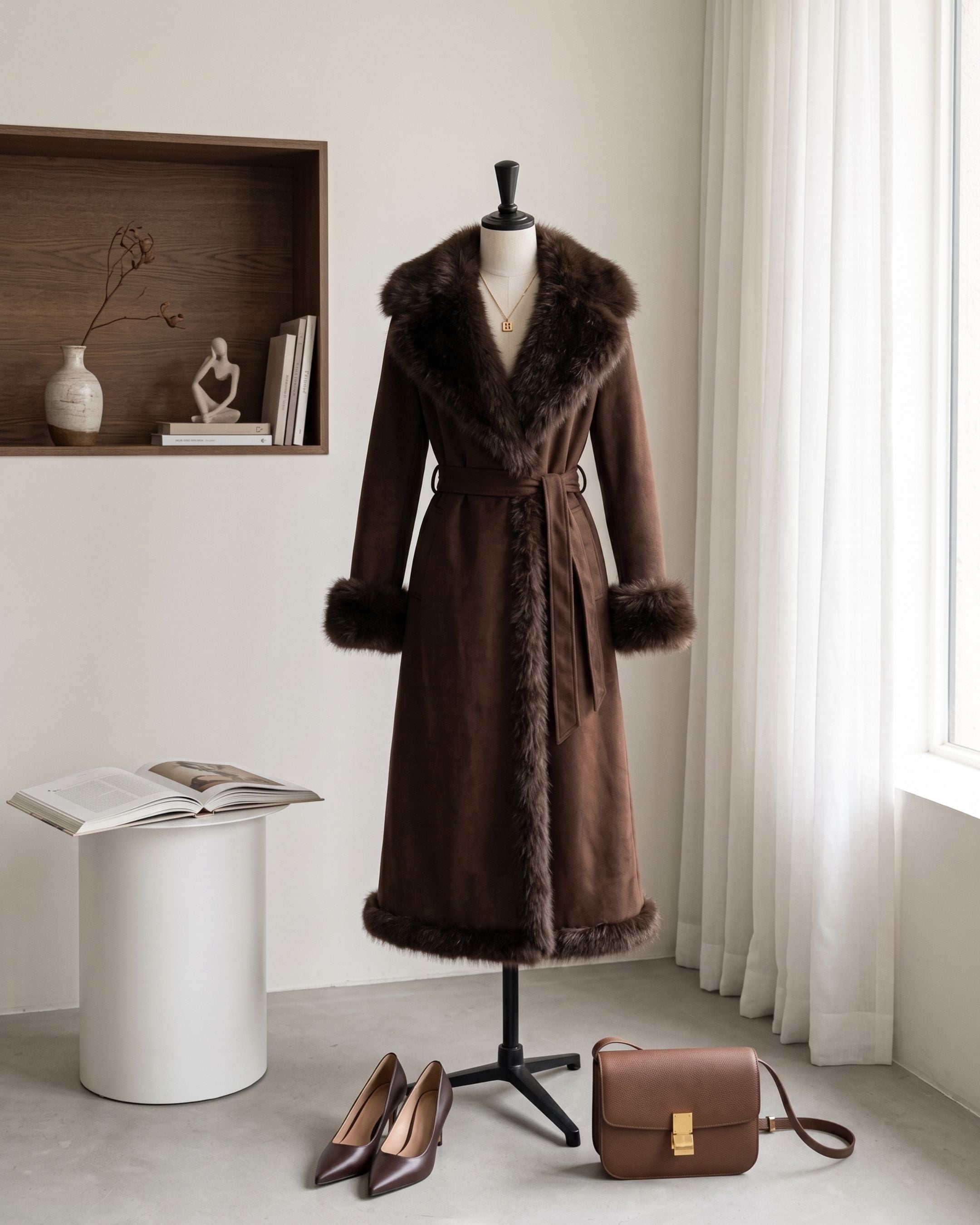 Women's Plush Fur Lapel Suede Wrap Coat (Khaki) MH1125