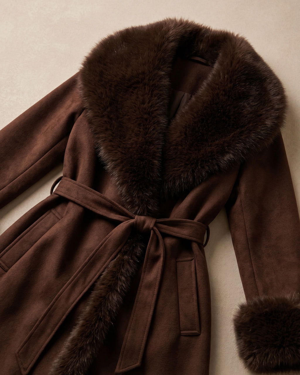 Women's Plush Fur Lapel Suede Wrap Coat (Khaki) MH1125
