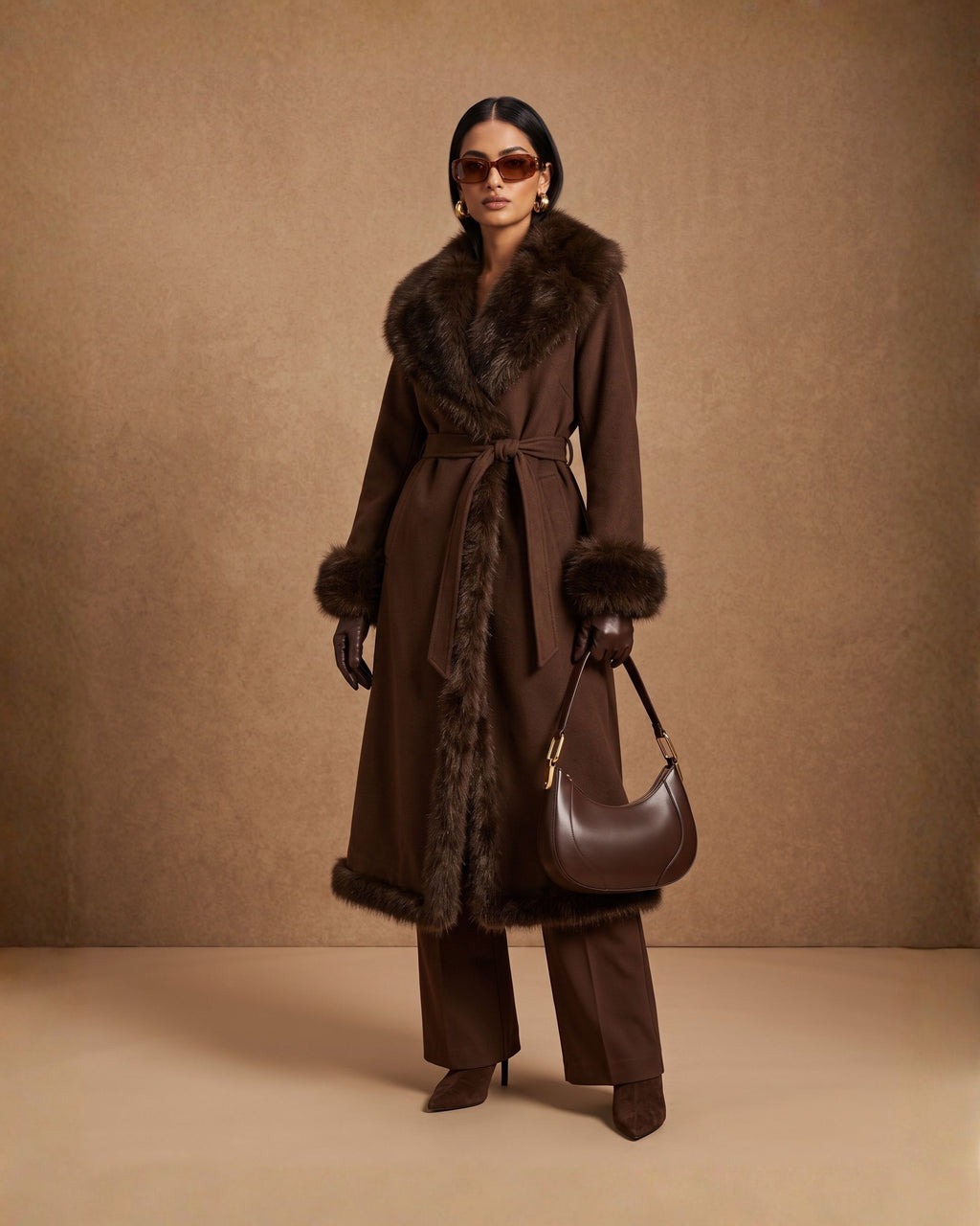 Women's Plush Fur Lapel Suede Wrap Coat (Khaki) MH1125