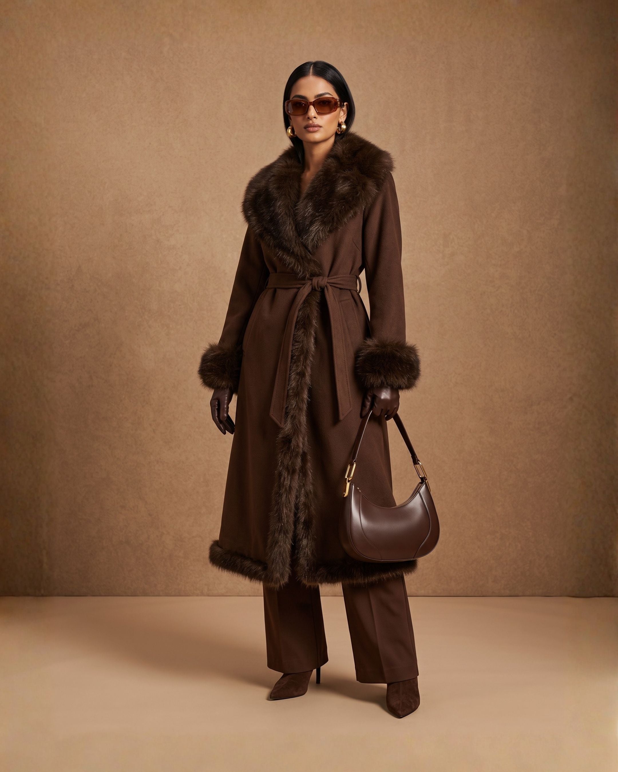Women's Plush Fur Lapel Suede Wrap Coat (Khaki) MH1125