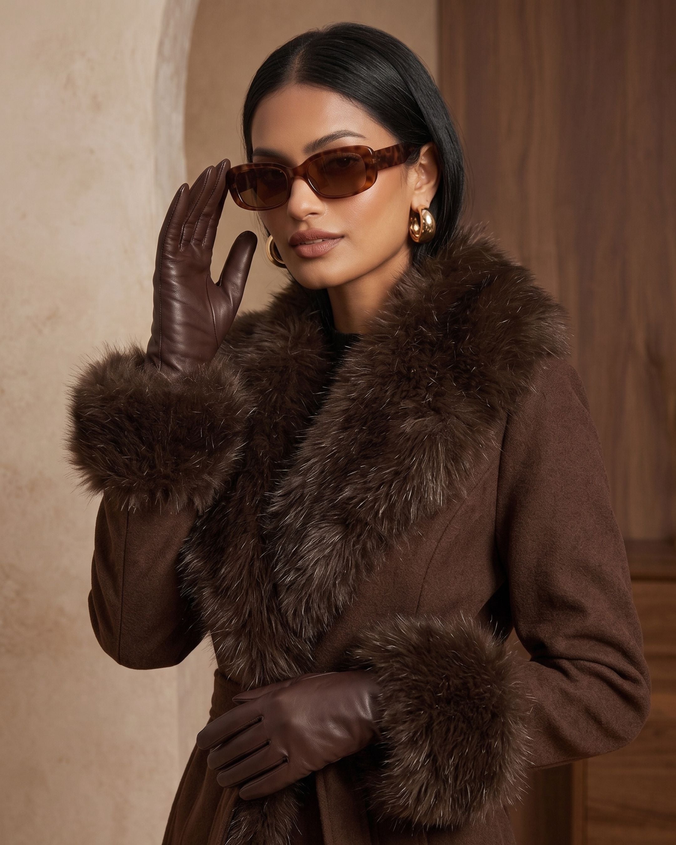 Women's Plush Fur Lapel Suede Wrap Coat (Khaki) MH1125