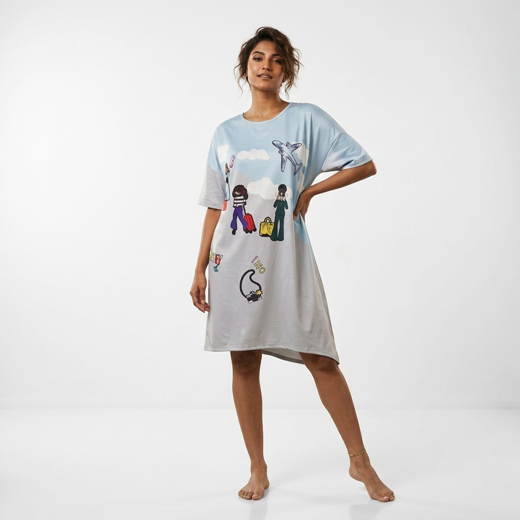 Sky Blue Relaxed Fit Long Nightshirt