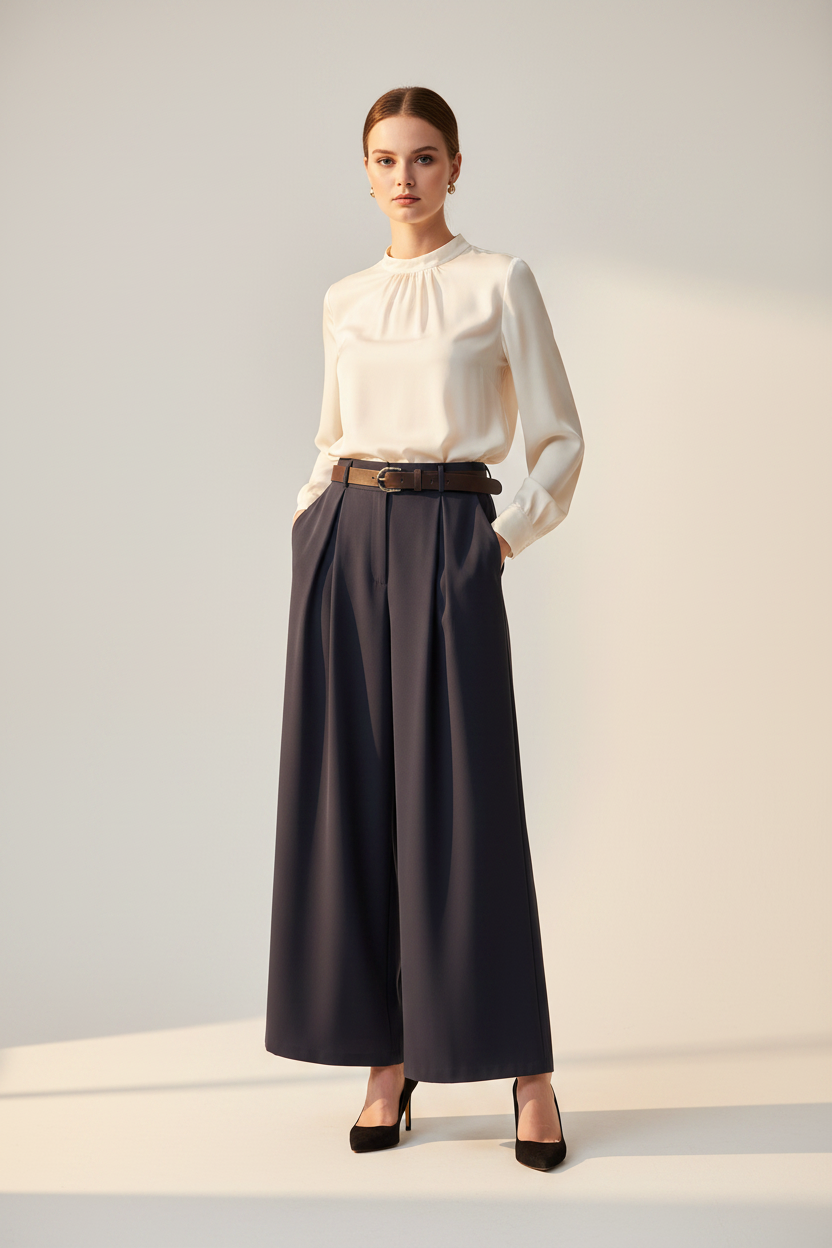 Belted High-Waist Wide-Leg Trousers (1063)