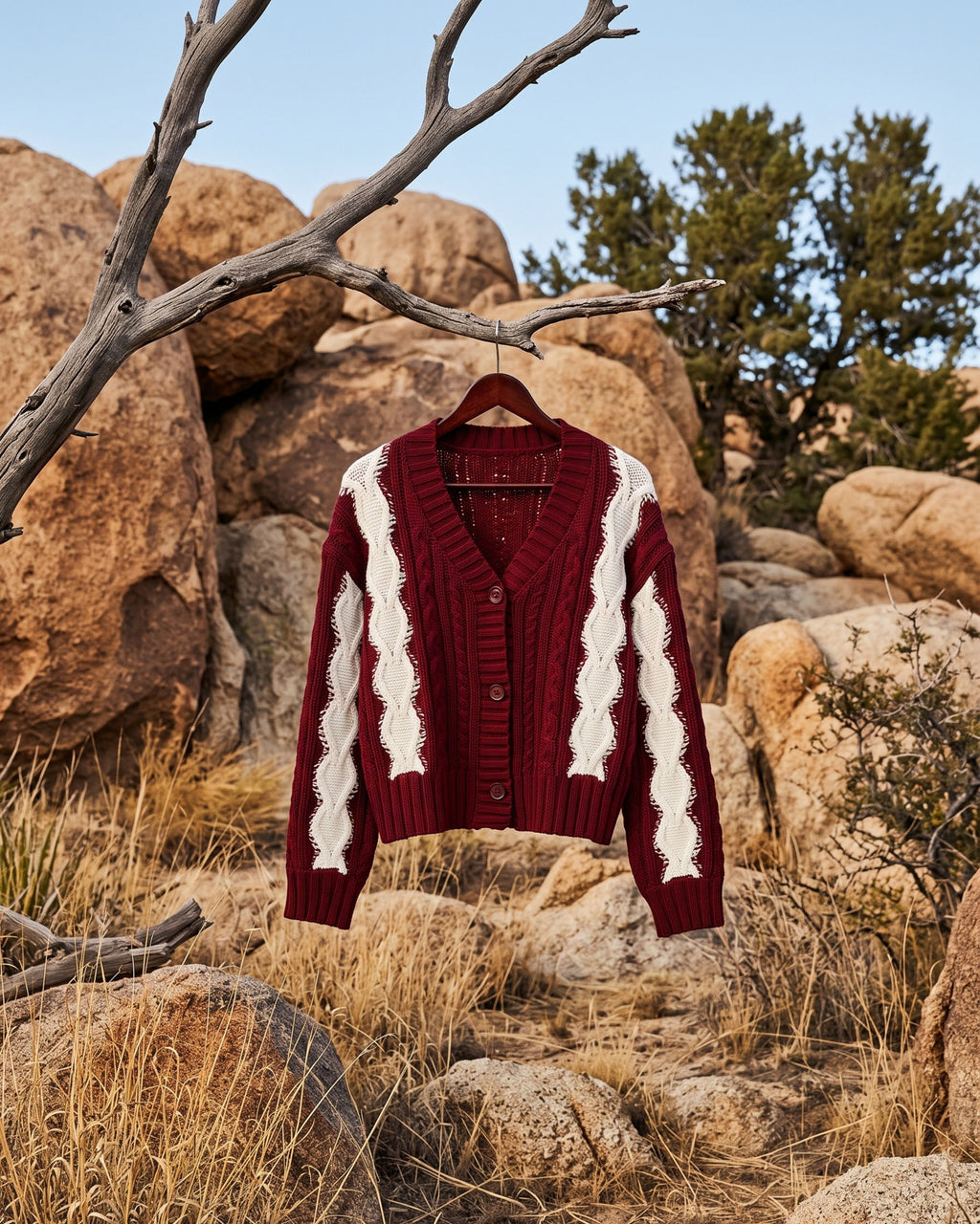 Women’s Cable-Knit V-Neck Cardigan (Wine red off White) A2222