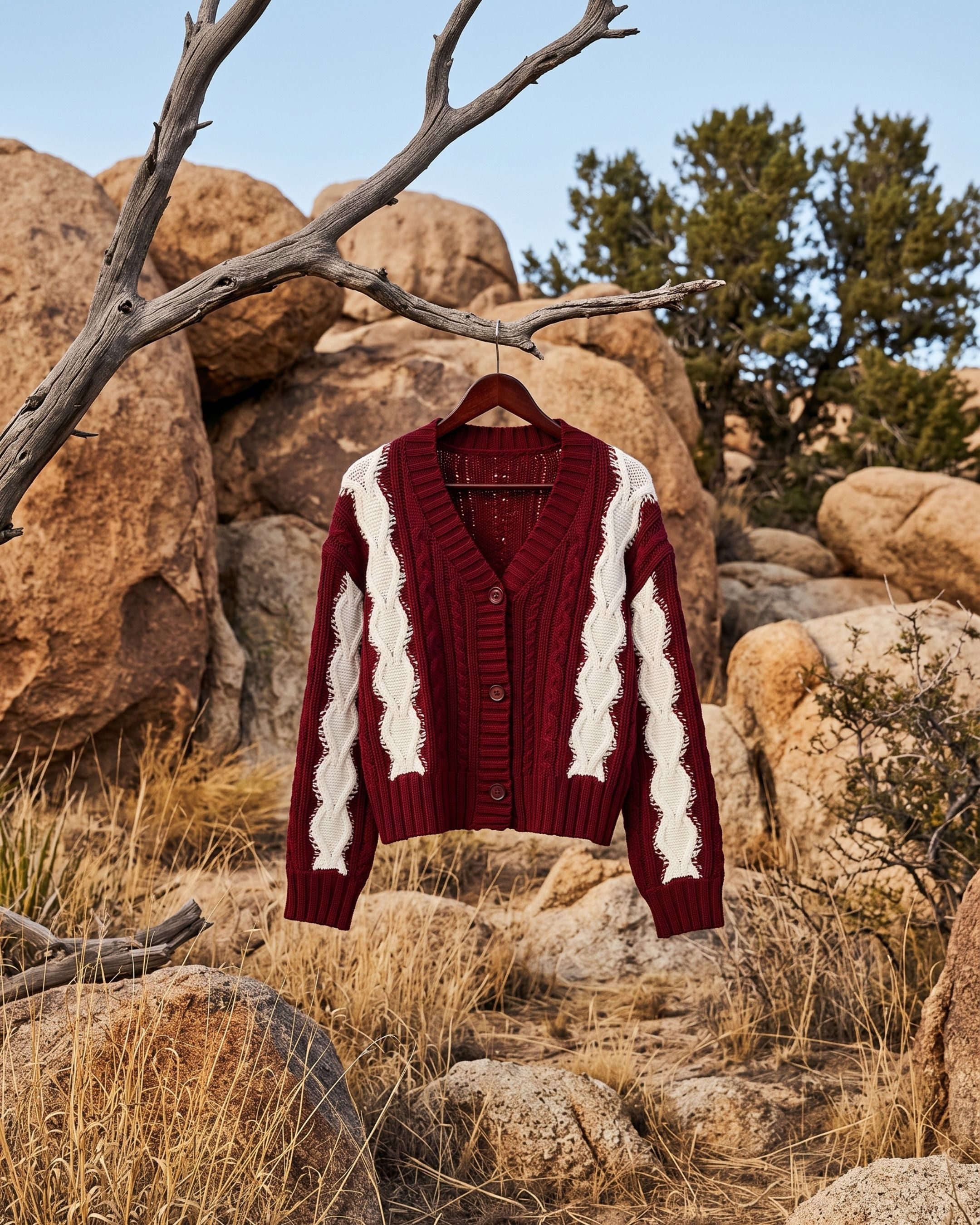 Women’s Cable-Knit V-Neck Cardigan (Wine red off White) A2222