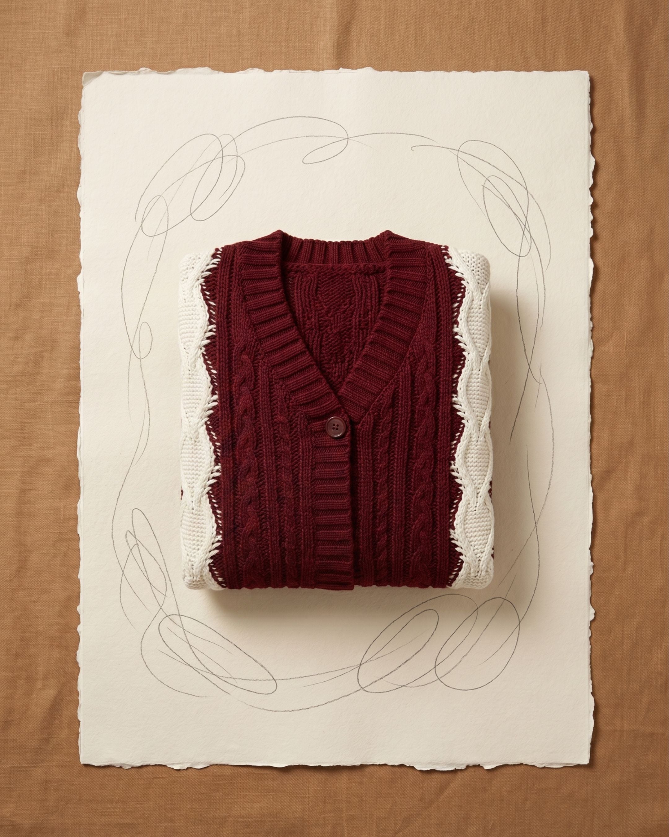 Women’s Cable-Knit V-Neck Cardigan (Wine red off White) A2222