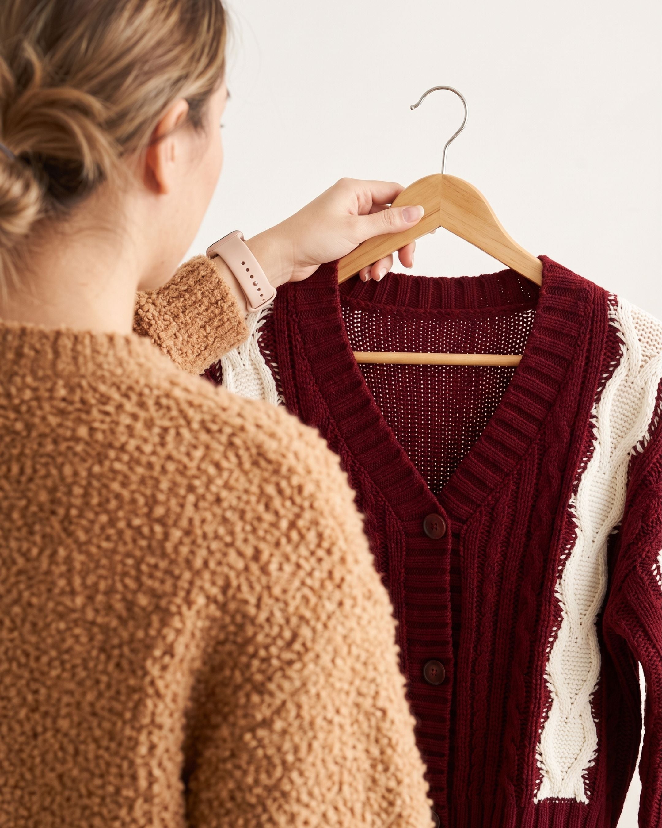 Women’s Cable-Knit V-Neck Cardigan (Wine red off White) A2222