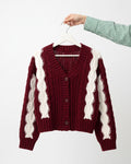 Women’s Cable-Knit V-Neck Cardigan (Wine red off White) A2222