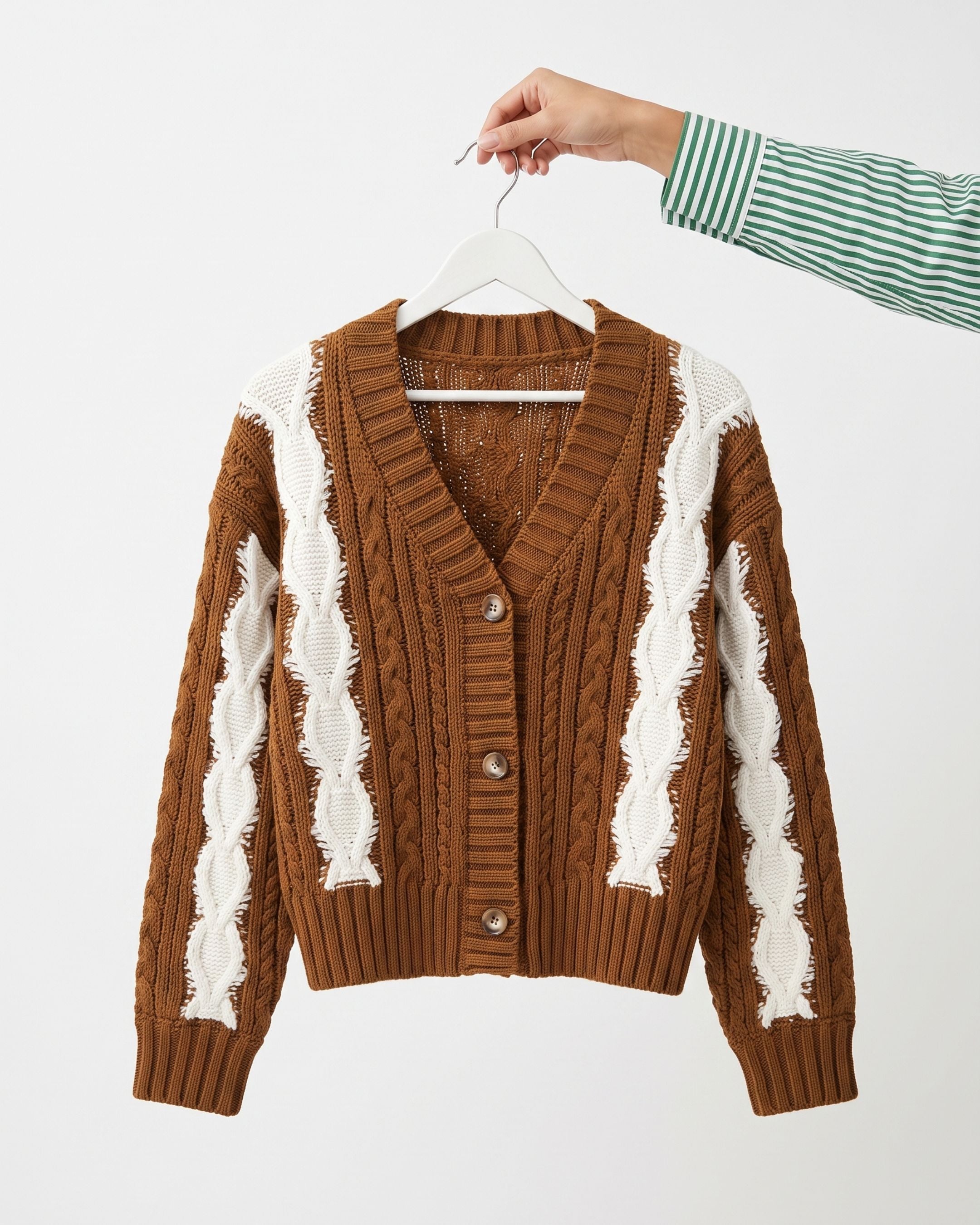 Women’s Cable-Knit V-Neck Cardigan (Wine red off White) A2222
