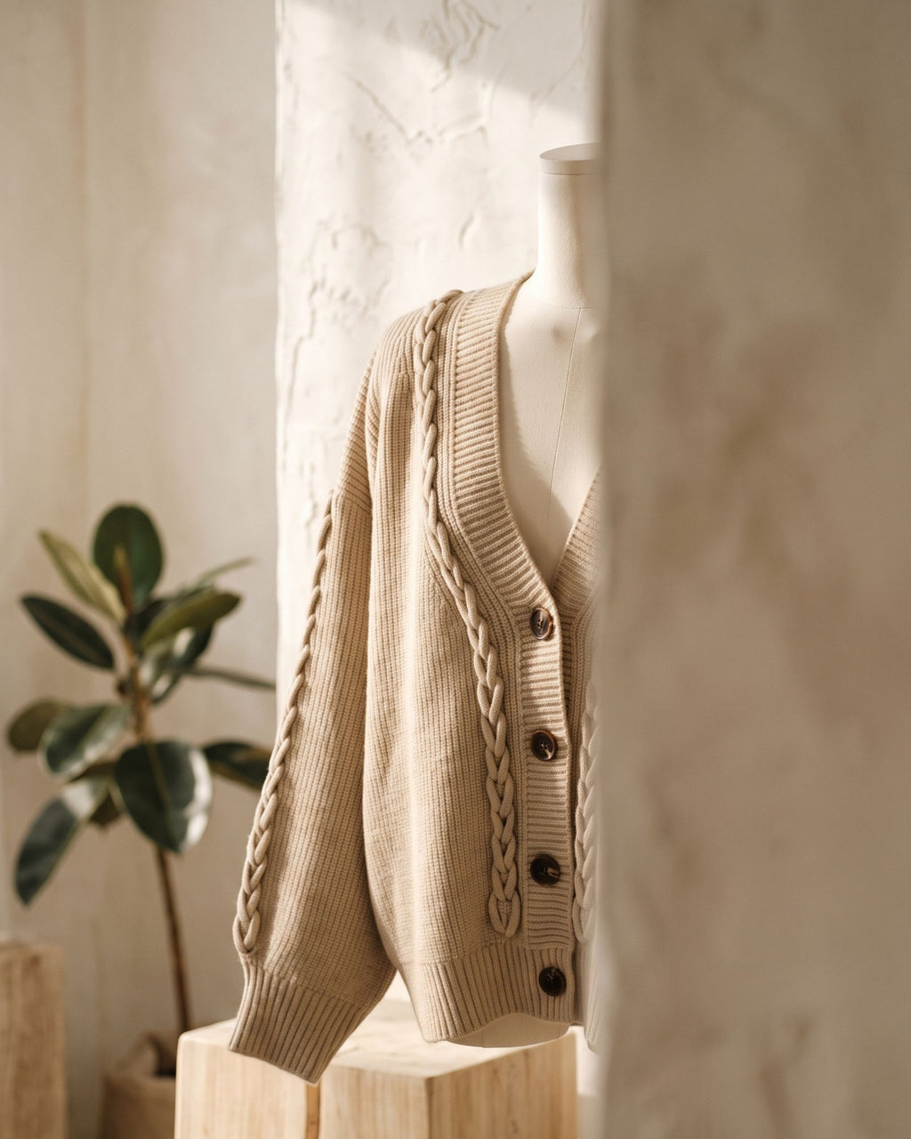 Women's Oversized Braided Trim Knit Cardigan (Beige/Light Skin) LB5871