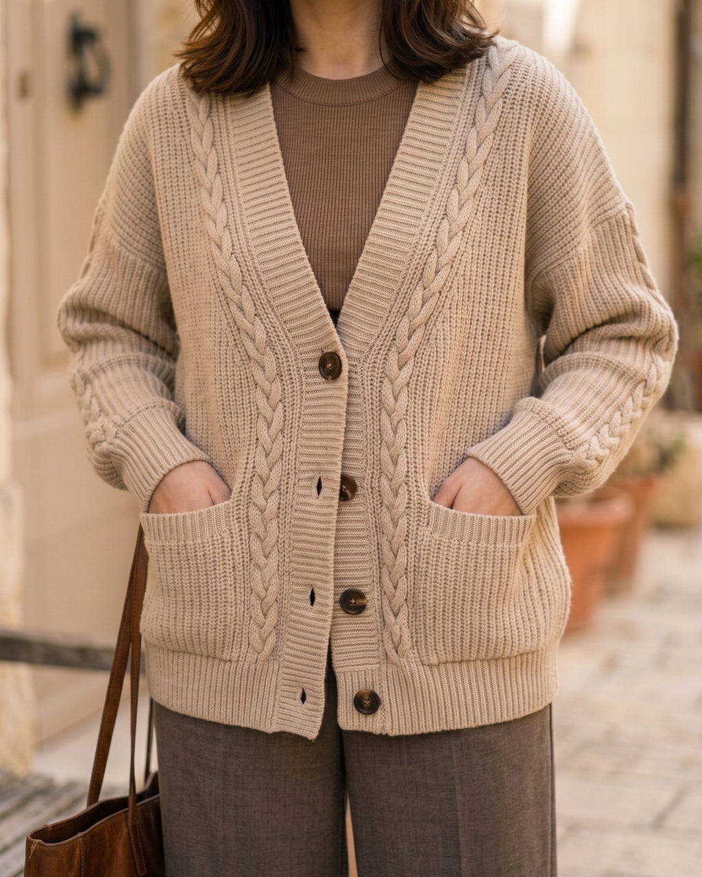 Women's Oversized Braided Trim Knit Cardigan (Beige/Light Skin) LB5871
