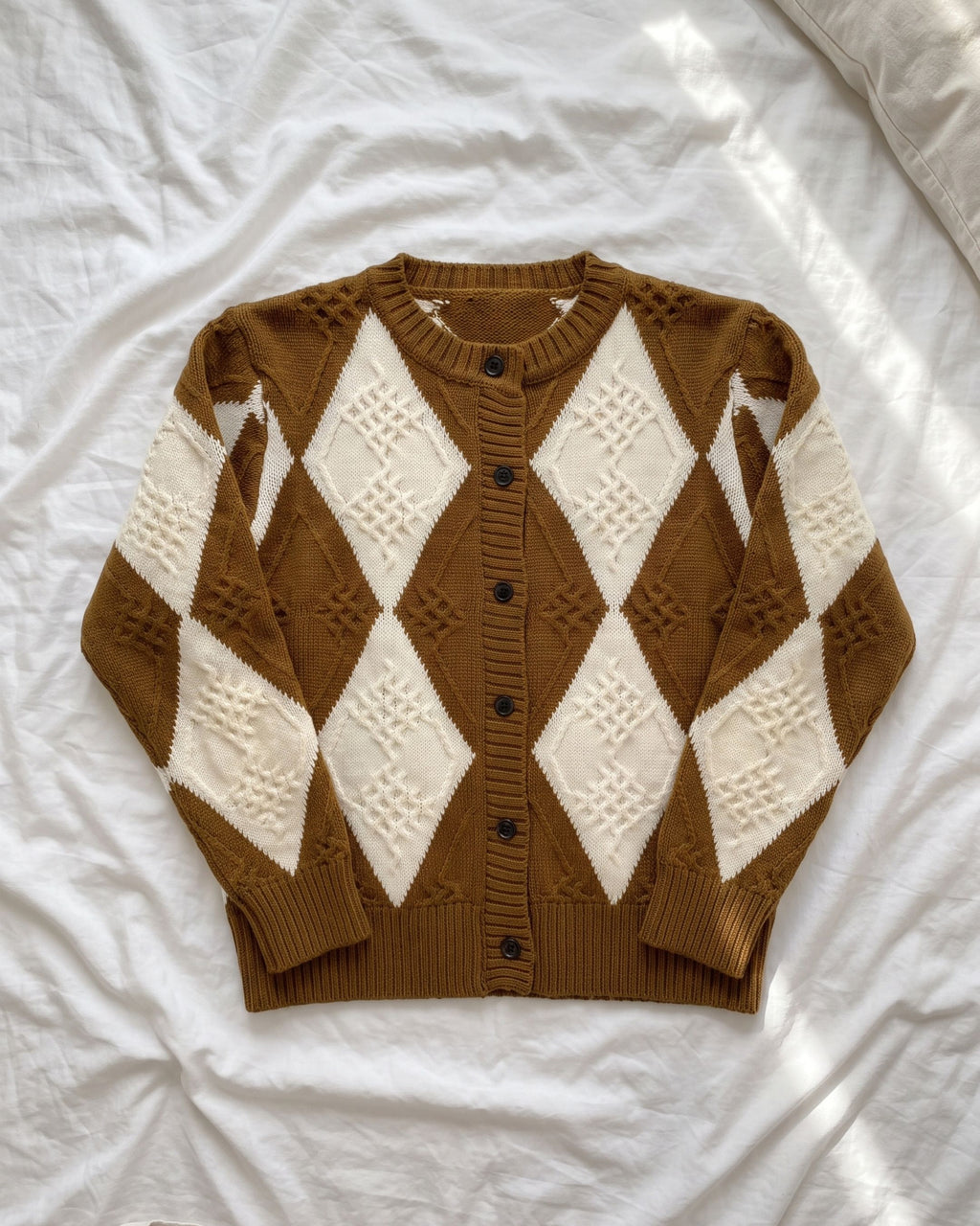 Women's Textured Diamond Knit Cardigan (Brown) LS854