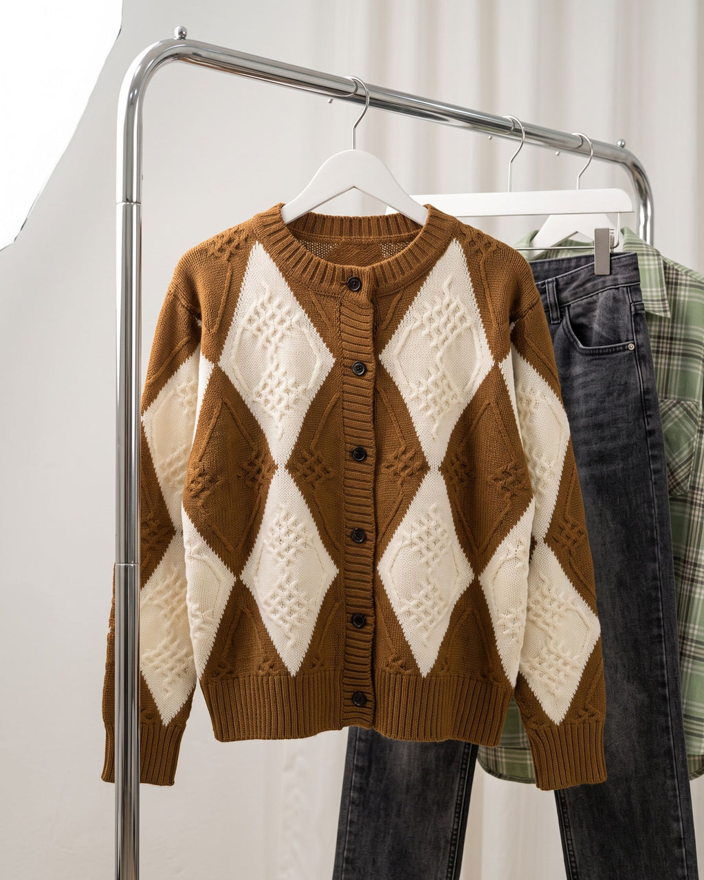 Women's Textured Diamond Knit Cardigan (Brown) LS854