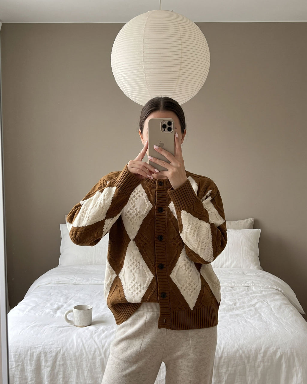 Women's Textured Diamond Knit Cardigan (Brown) LS854