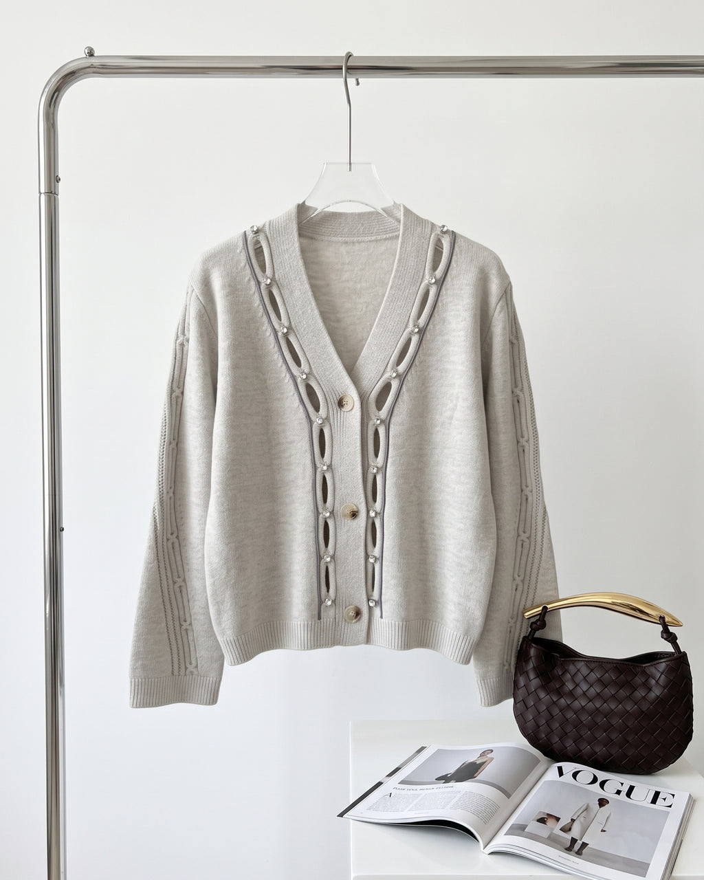 Women's Rhinestone Cutout Knit Cardigan (Gray/Black/Skin) LS299