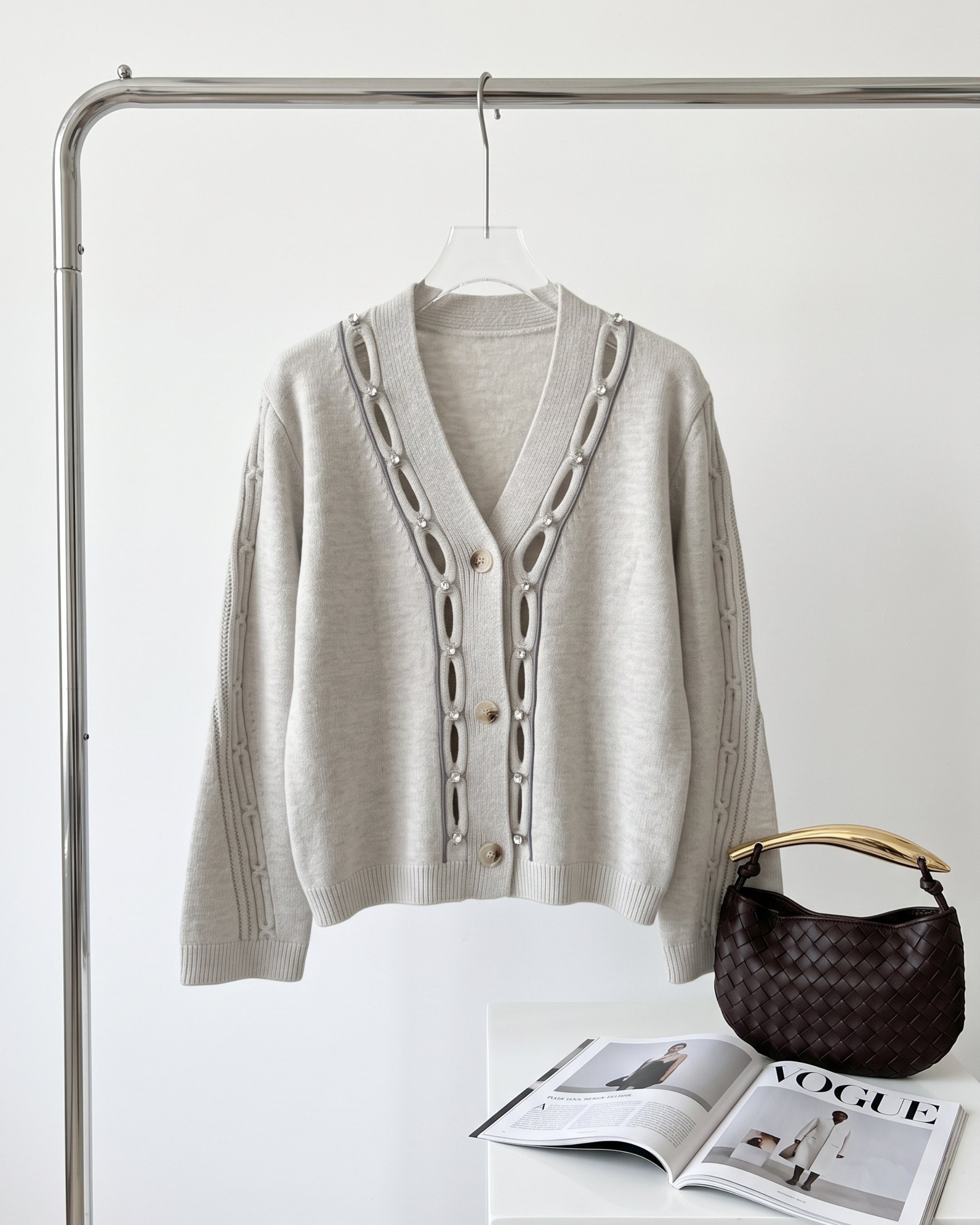 Women's Rhinestone Cutout Knit Cardigan (Gray/Black/Skin) LS299