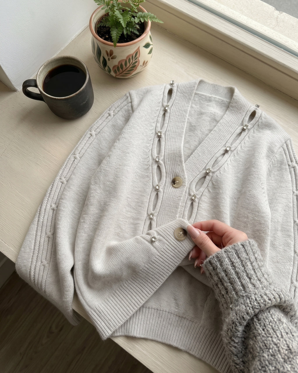 Women's Rhinestone Cutout Knit Cardigan (Gray/Black/Skin) LS299