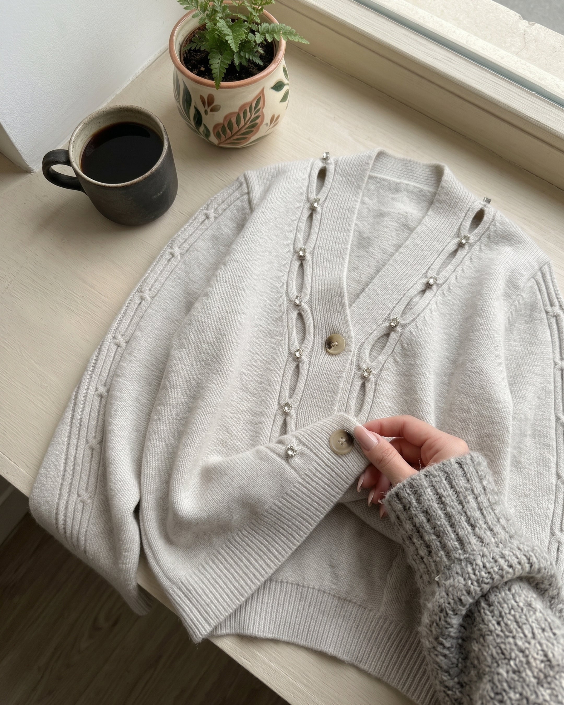 Women's Rhinestone Cutout Knit Cardigan (Gray/Black/Skin) LS299