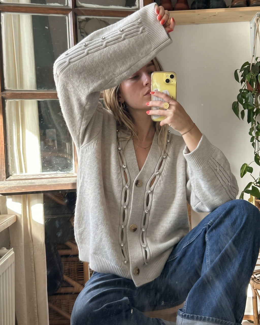 Women's Rhinestone Cutout Knit Cardigan (Gray/Black/Skin) LS299