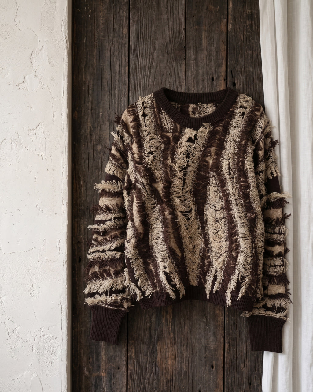 Women's Textured Fringe Distressed Knit Sweater (Brown) V260507
