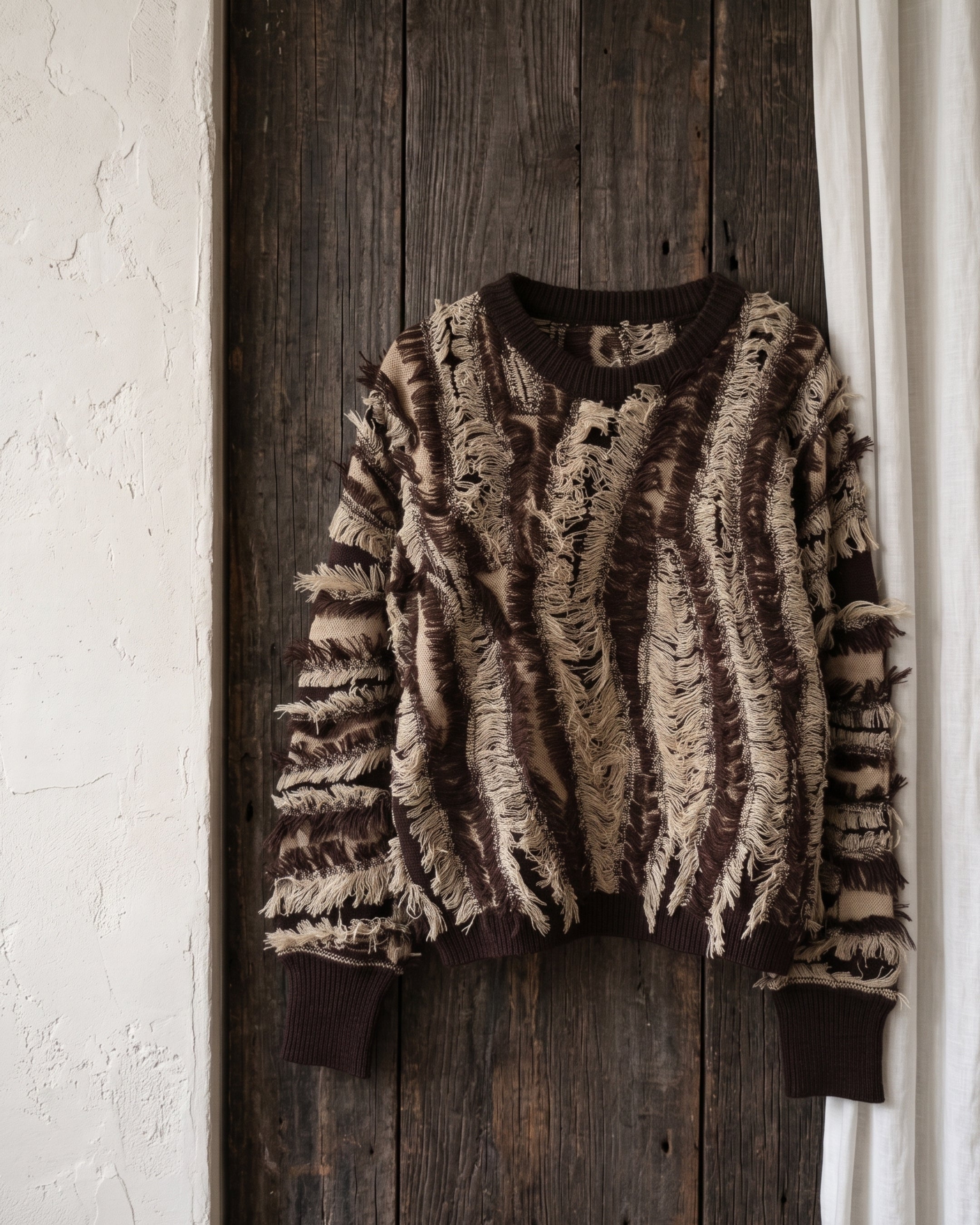 Women's Textured Fringe Distressed Knit Sweater (Brown) V260507