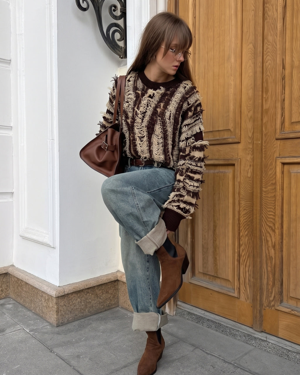 Women's Textured Fringe Distressed Knit Sweater (Brown) V260507