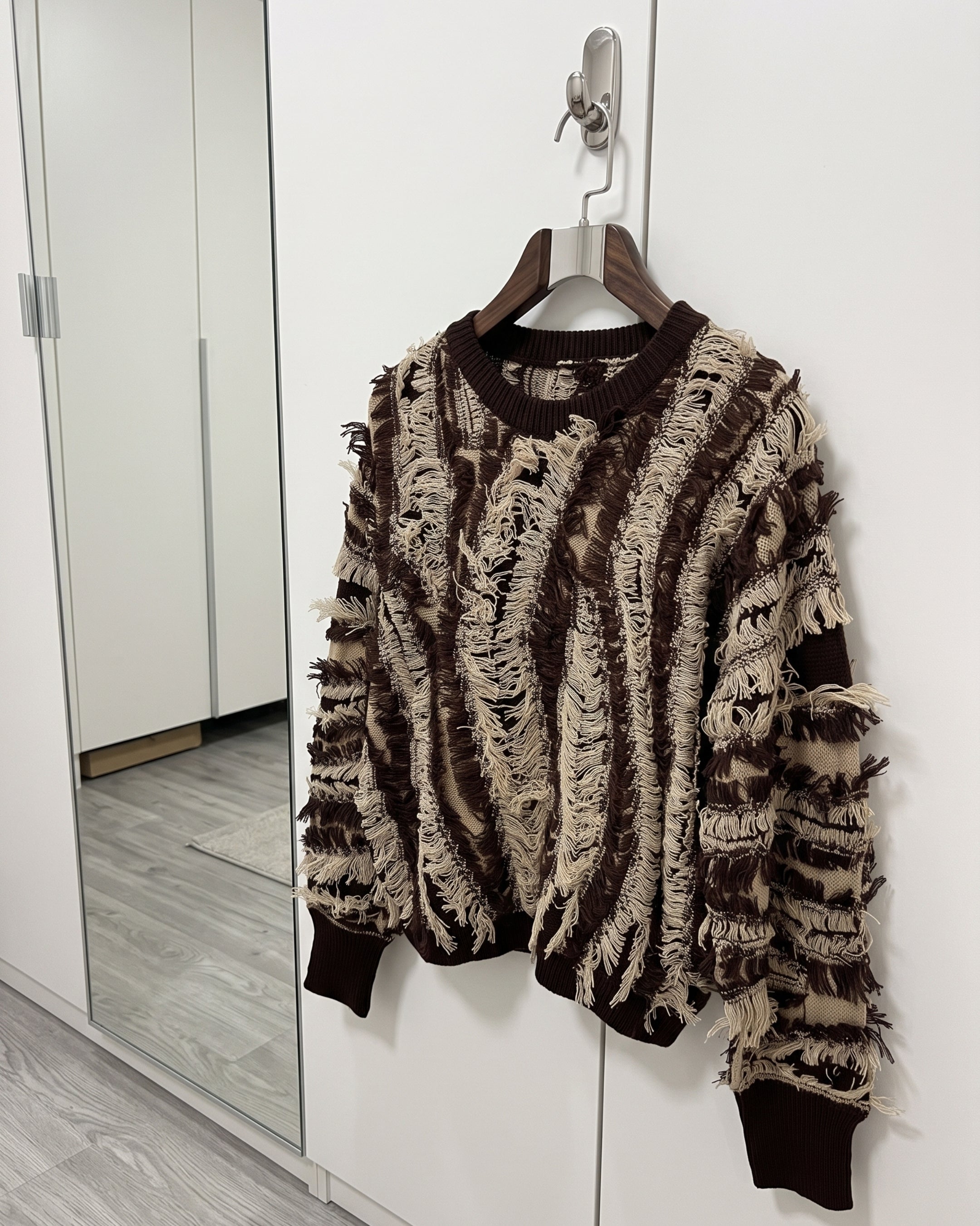 Women's Textured Fringe Distressed Knit Sweater (Brown) V260507