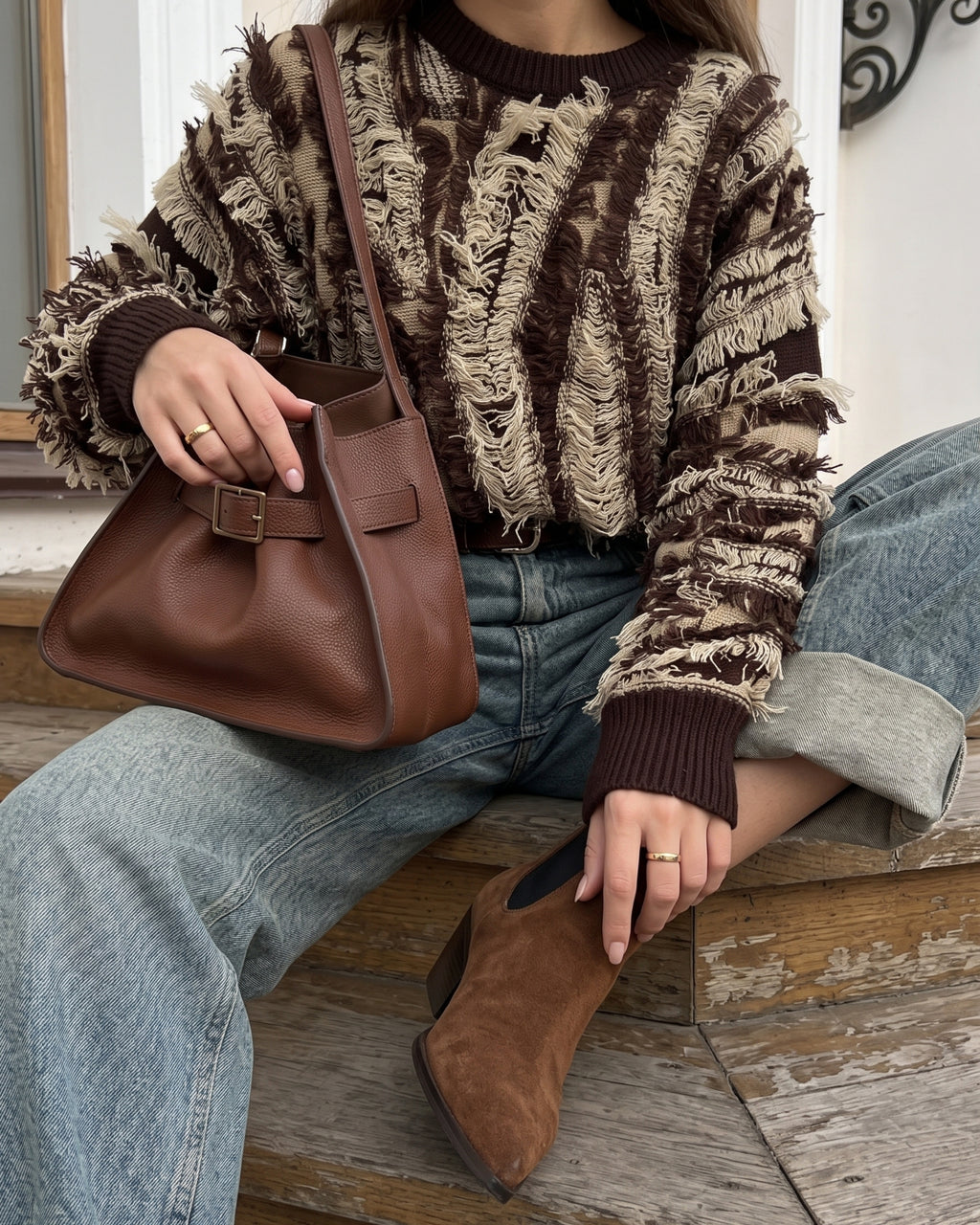 Women's Textured Fringe Distressed Knit Sweater (Brown) V260507